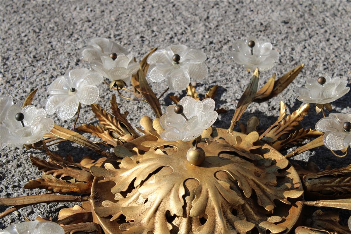 French Ceiling Lamp from Around 1950 in Gilded Metal and Murano Glass Flowers 2
