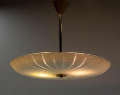 French Ceiling Lamp Glass and Brass Chandelier Pendant Lustre, circa 1960