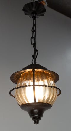 French Ceiling Lamp Iron and Colored Glass Pendant Lustre, circa 1960