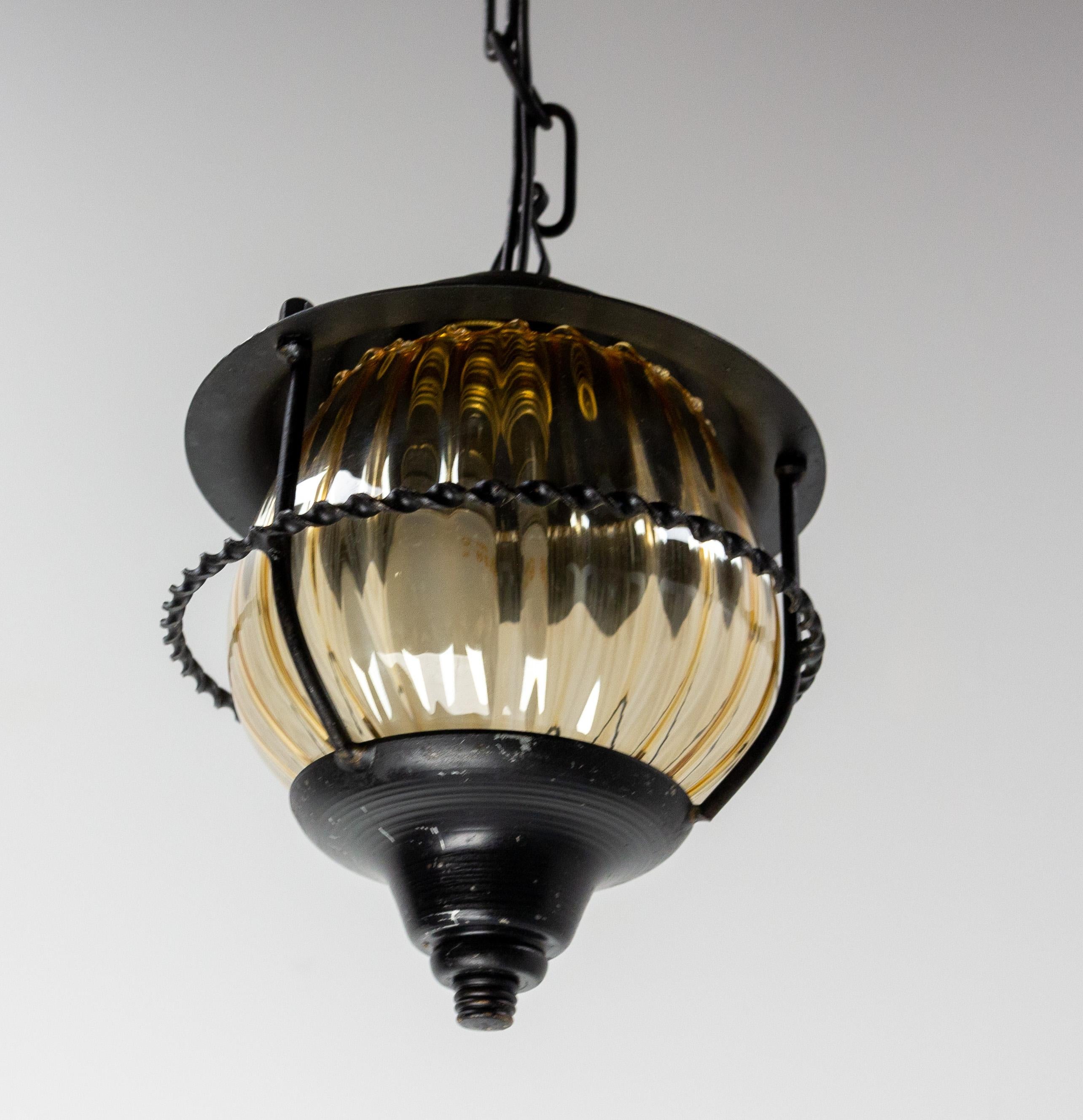 French Ceiling Lamp Iron and Colored Glass Pendant Lustre, circa 1960 In Good Condition For Sale In Labrit, Landes