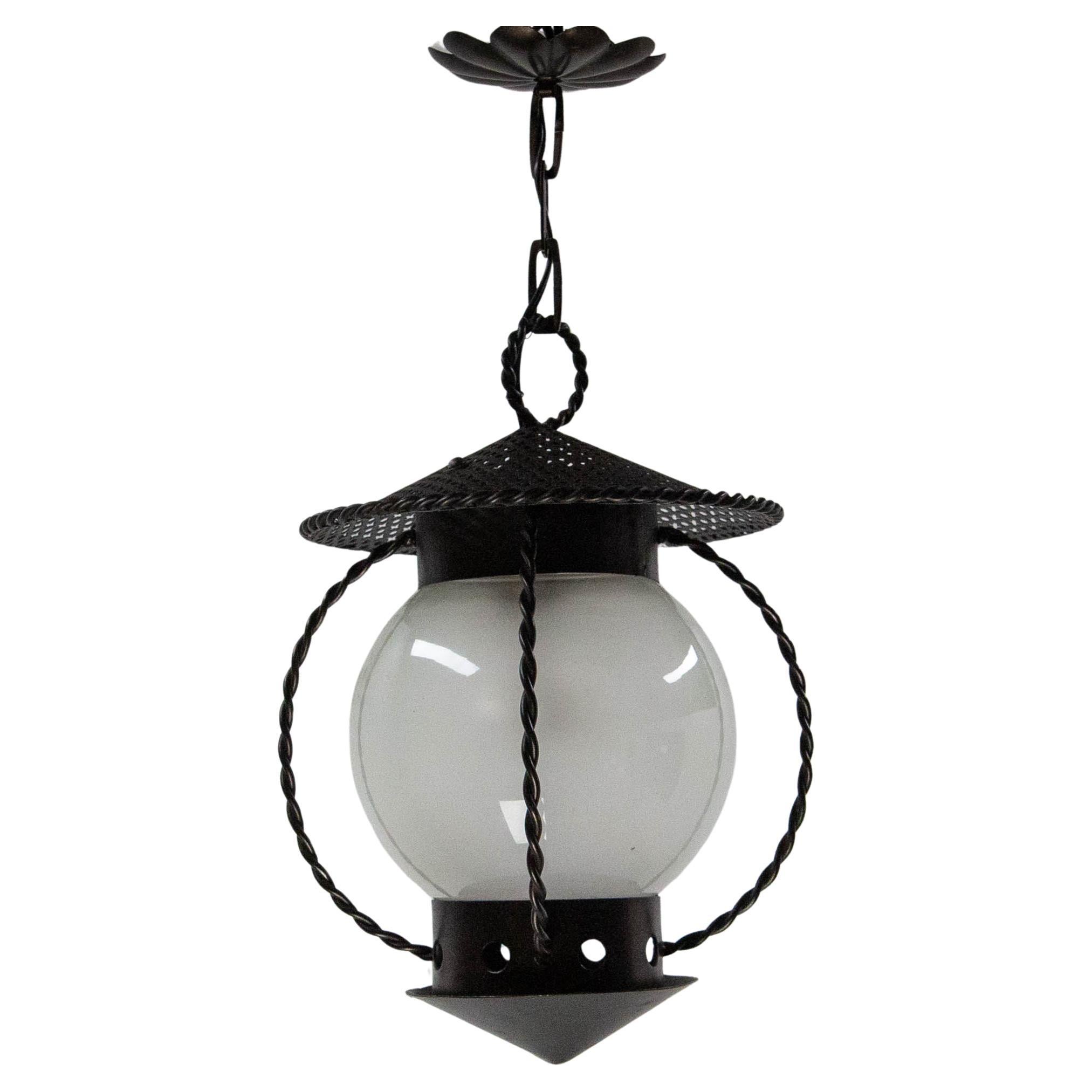 French Ceiling Lamp Iron & Glass Mathieu Matégot style Pendant Lustre circa 1960