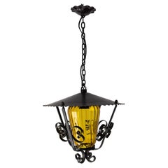 French Ceiling Lamp Wrought Iron and Colored Glass Pendant Lustre, circa 1960