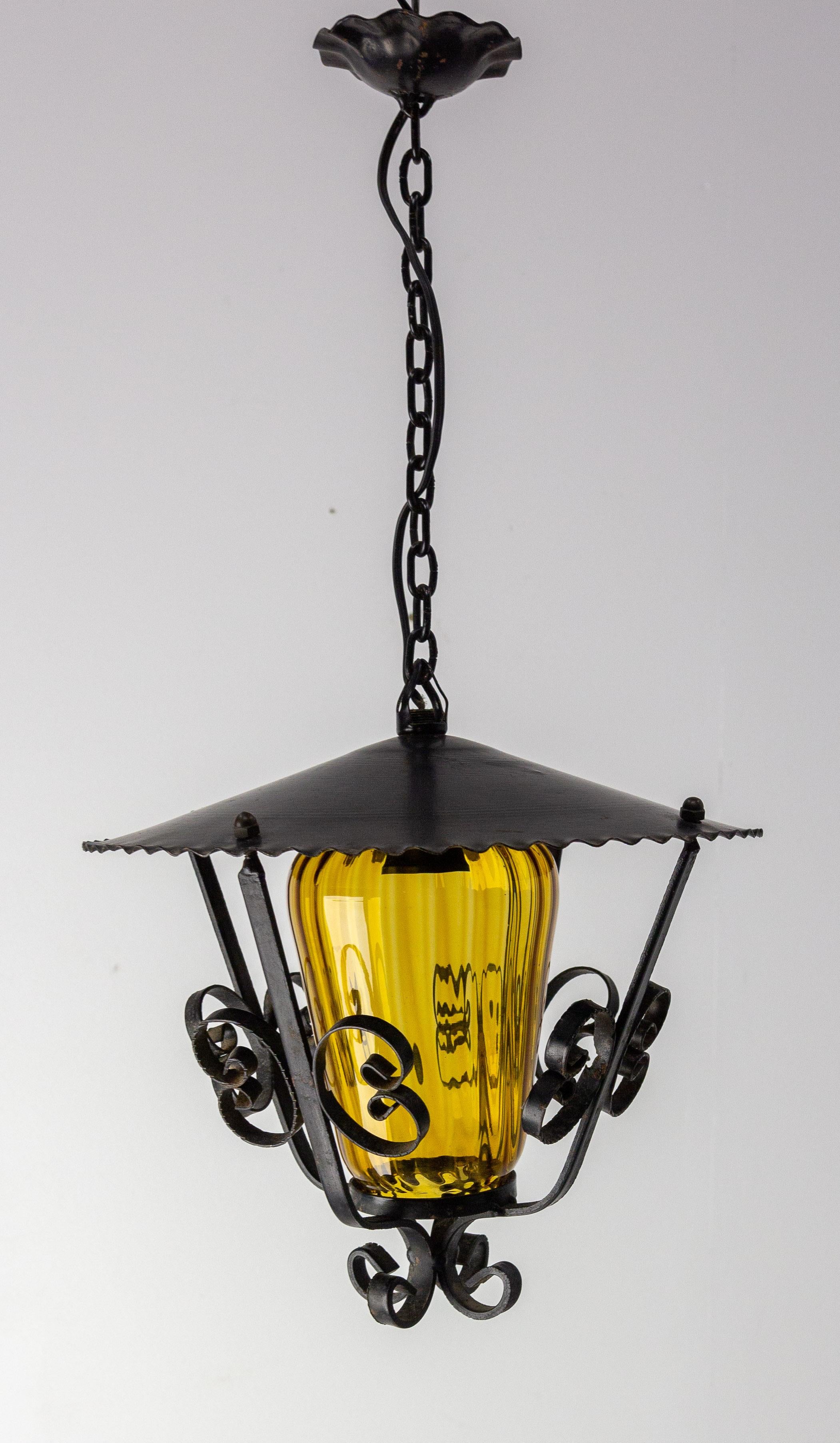 Mid-Century Modern French Ceiling Lamp Wrought Iron and Colored Glass Pendant Lustre, circa 1960 For Sale