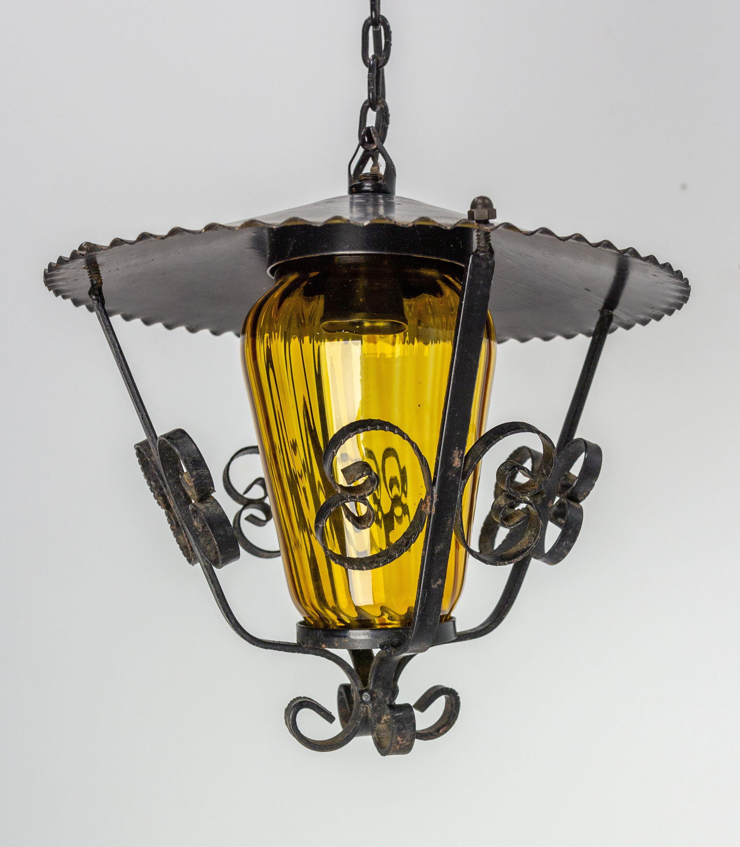 French Ceiling Lamp Wrought Iron and Colored Glass Pendant Lustre, circa 1960 In Good Condition For Sale In Labrit, Landes