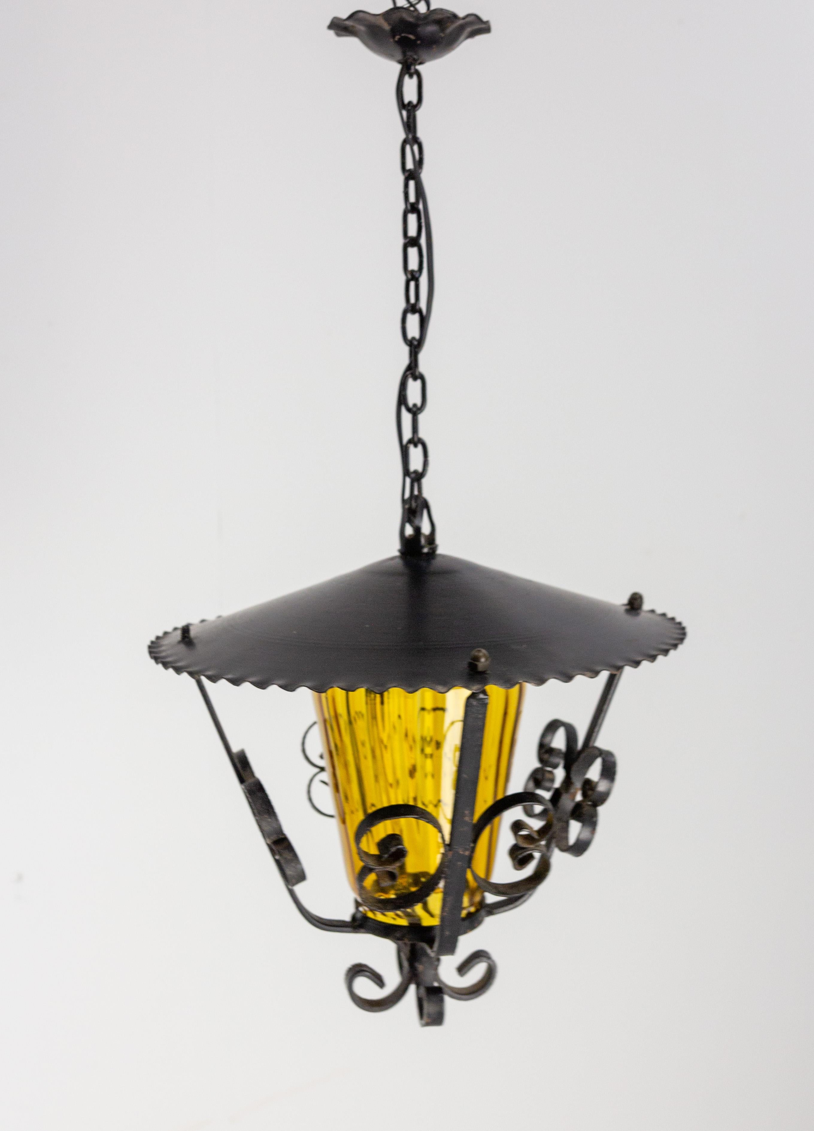 French Ceiling Lamp Wrought Iron and Colored Glass Pendant Lustre, circa 1960 For Sale 2