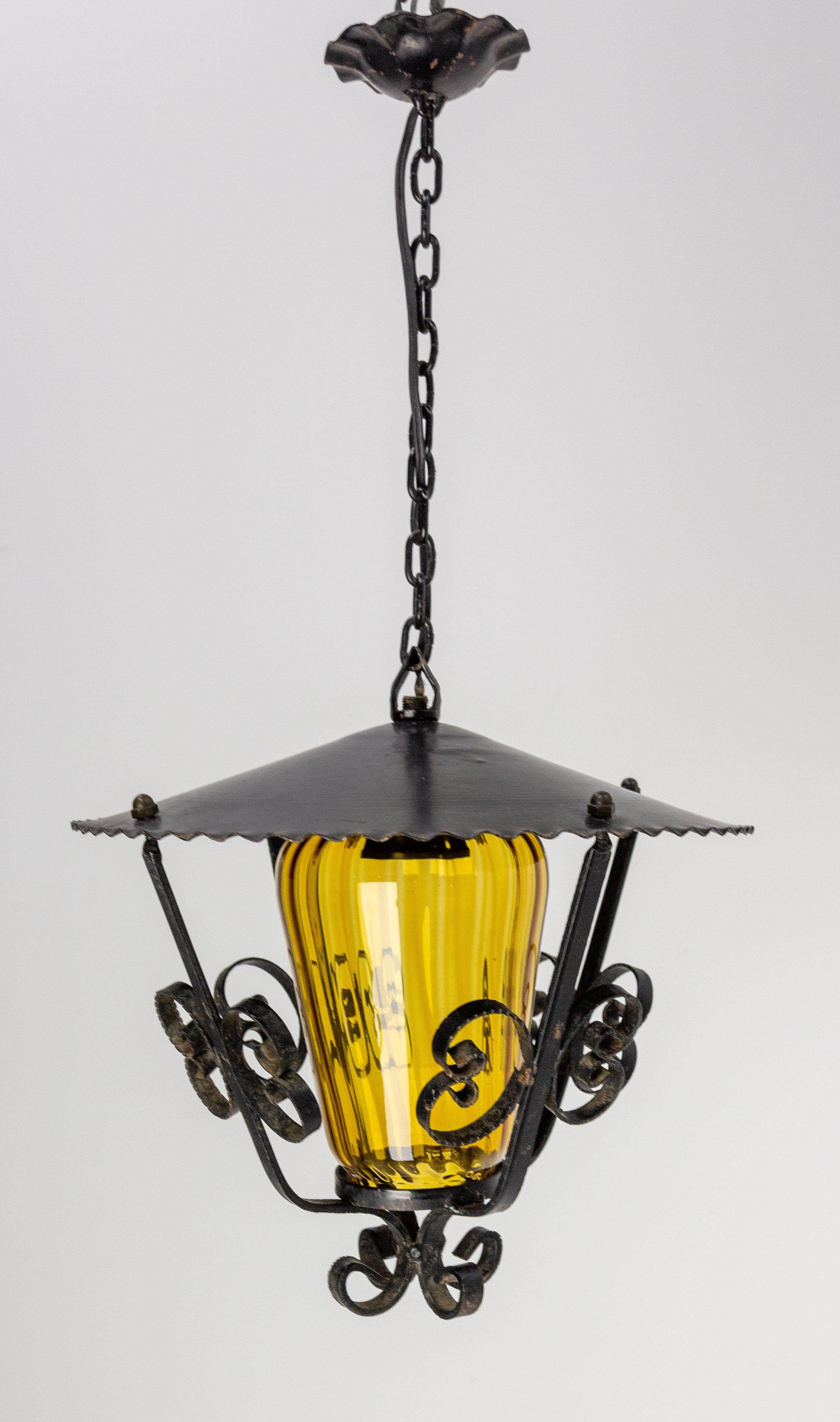 French Ceiling Lamp Wrought Iron and Colored Glass Pendant Lustre, circa 1960 For Sale 3