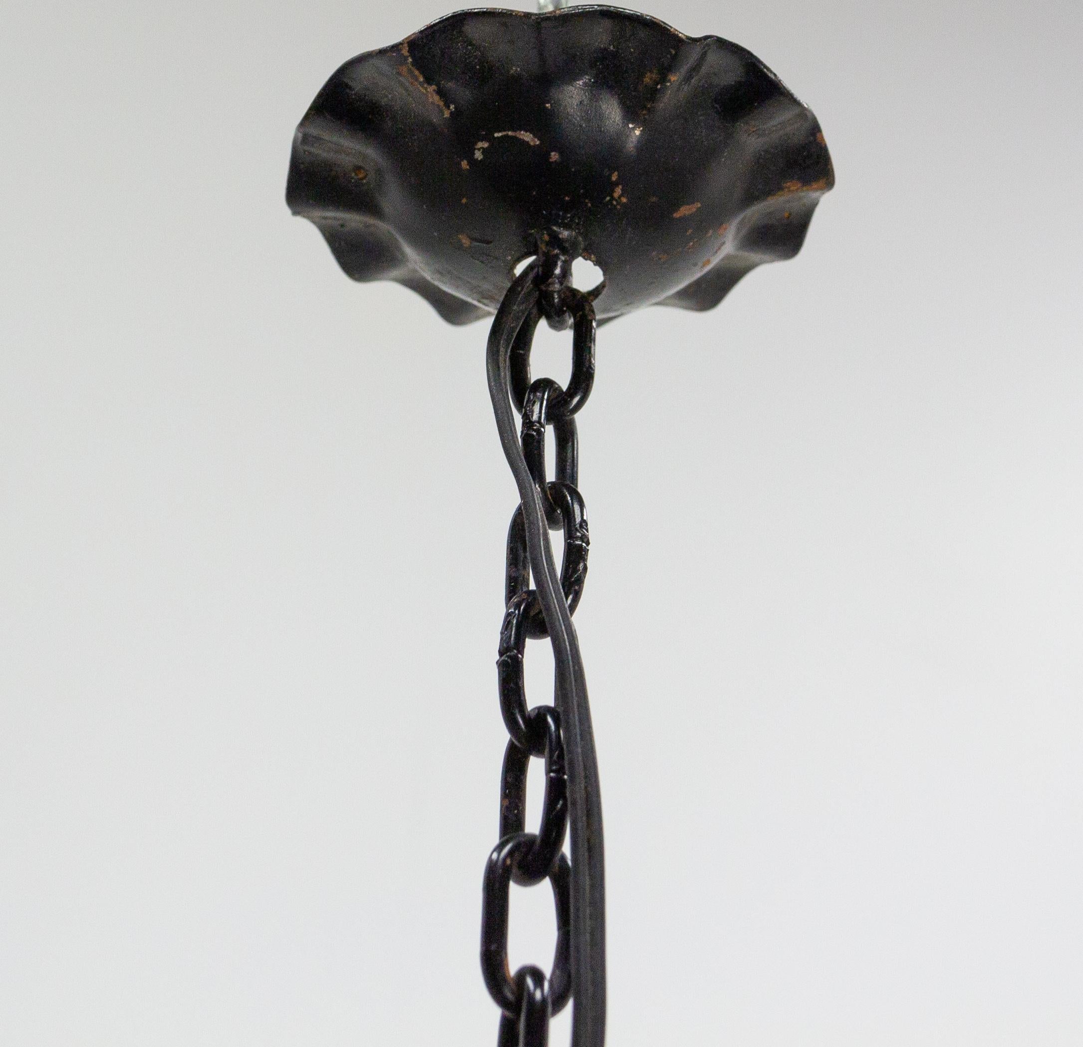 French Ceiling Lamp Wrought Iron and Colored Glass Pendant Lustre, circa 1960 For Sale 4