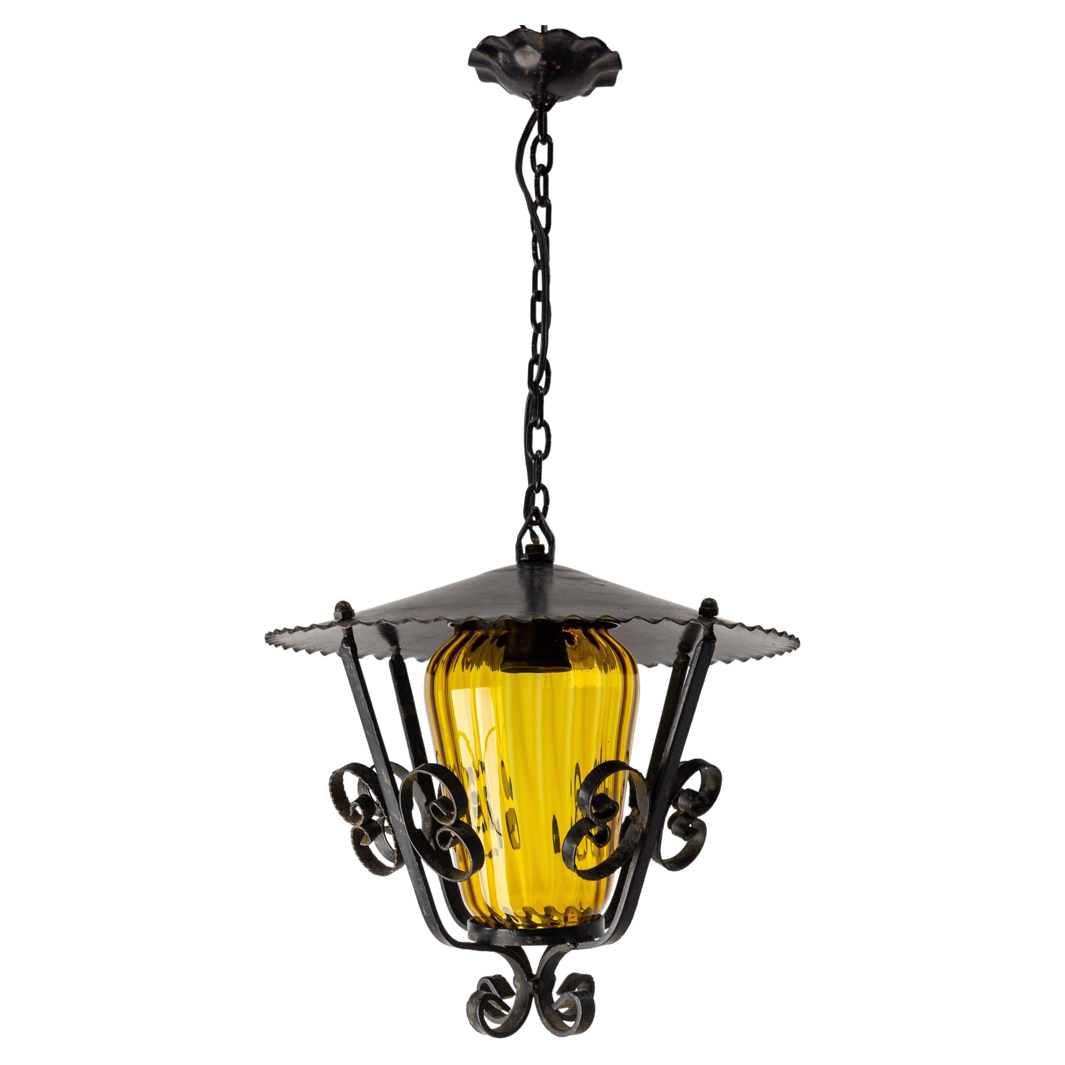 French Ceiling Lamp Wrought Iron and Colored Glass Pendant Lustre, circa 1960