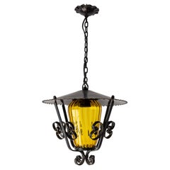 French Ceiling Lamp Wrought Iron and Colored Glass Pendant Lustre, circa 1960