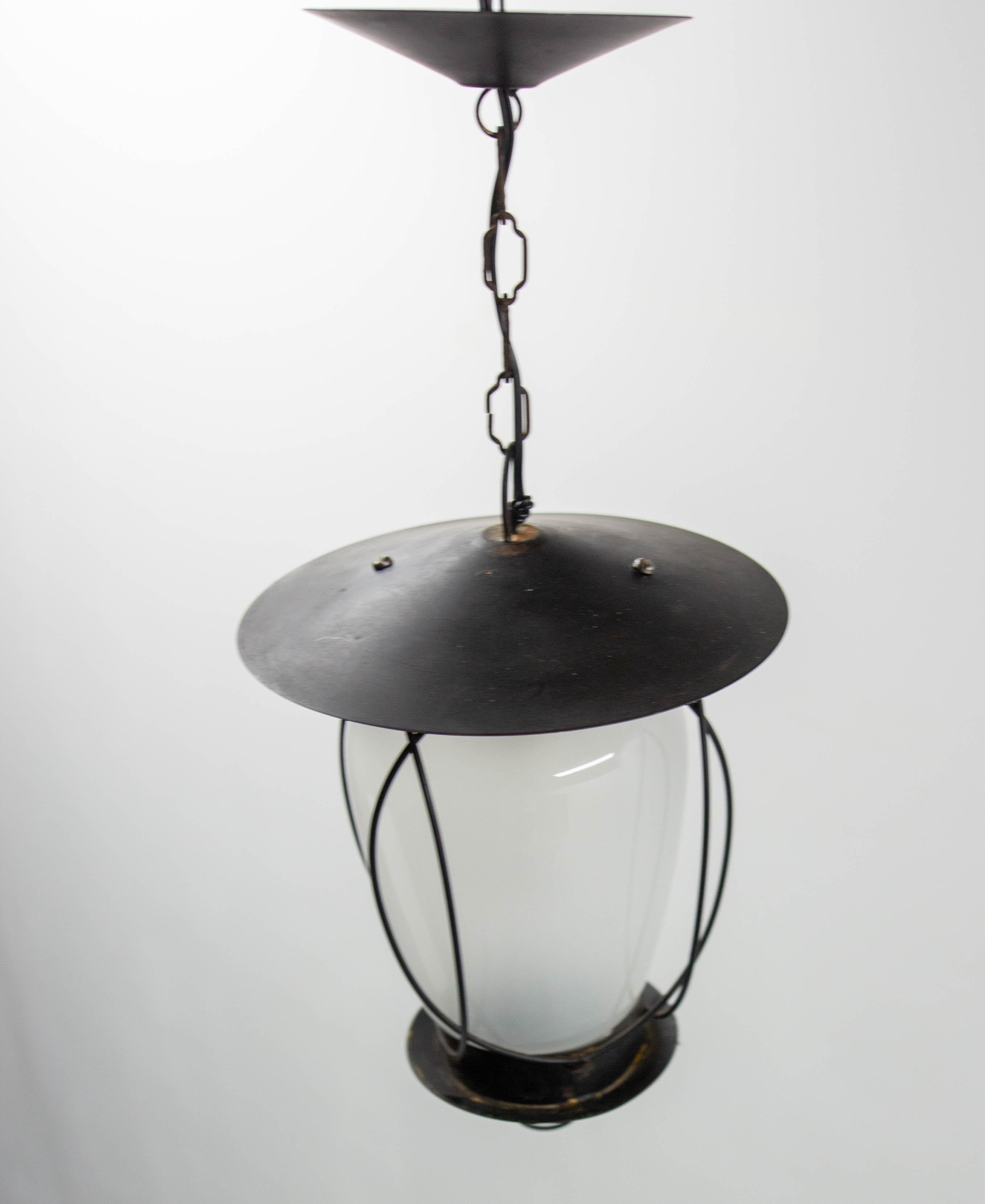 French Ceiling Lamp Wrought Iron and Glass Pendant Lustre, circa 1960 For Sale 5