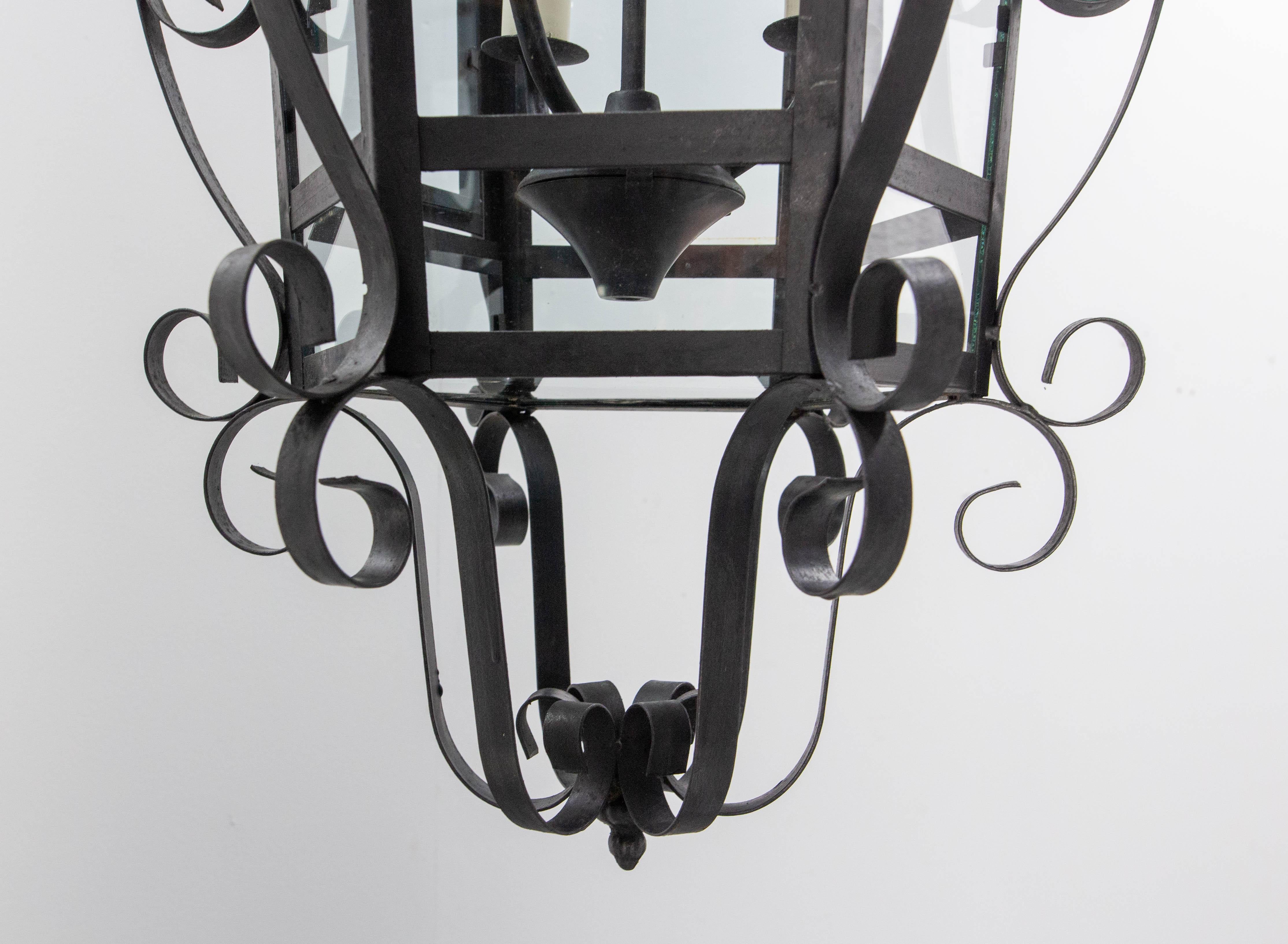 French Ceiling Lamp Wrought Iron and Glass Pendant Lustre, circa 1960 For Sale 8