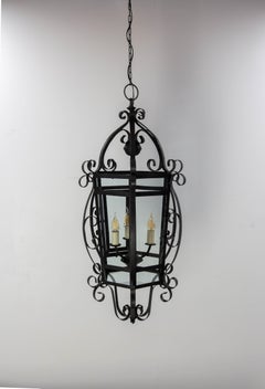 French Ceiling Lamp Wrought Iron and Glass Pendant Lustre, circa 1960