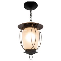 French Ceiling Lamp Wrought Iron and Glass Pendant Lustre, circa 1960