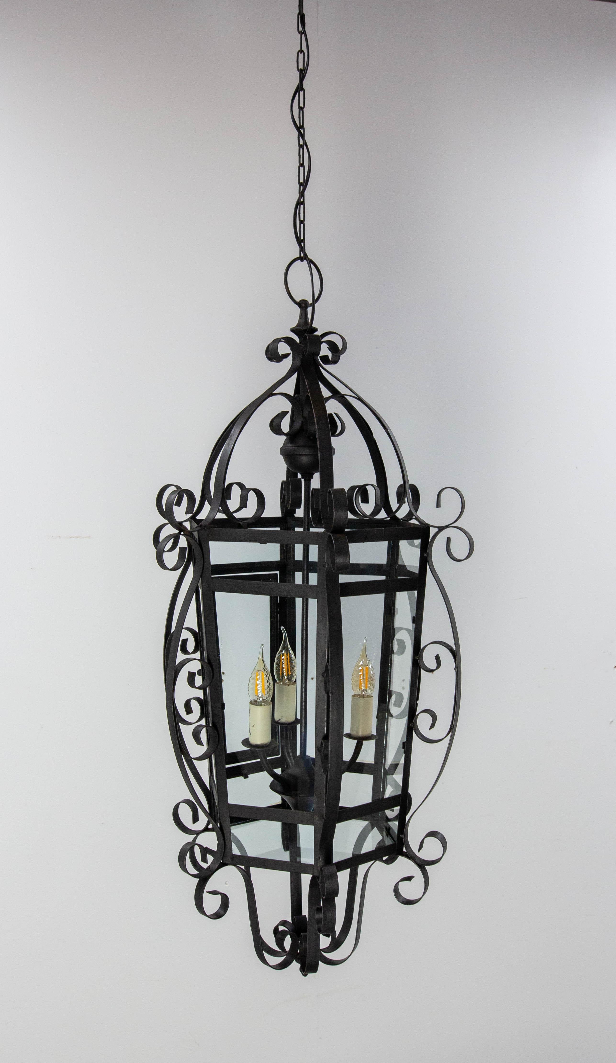 Mid-Century Modern French Ceiling Lamp Wrought Iron and Glass Pendant Lustre, circa 1960 For Sale