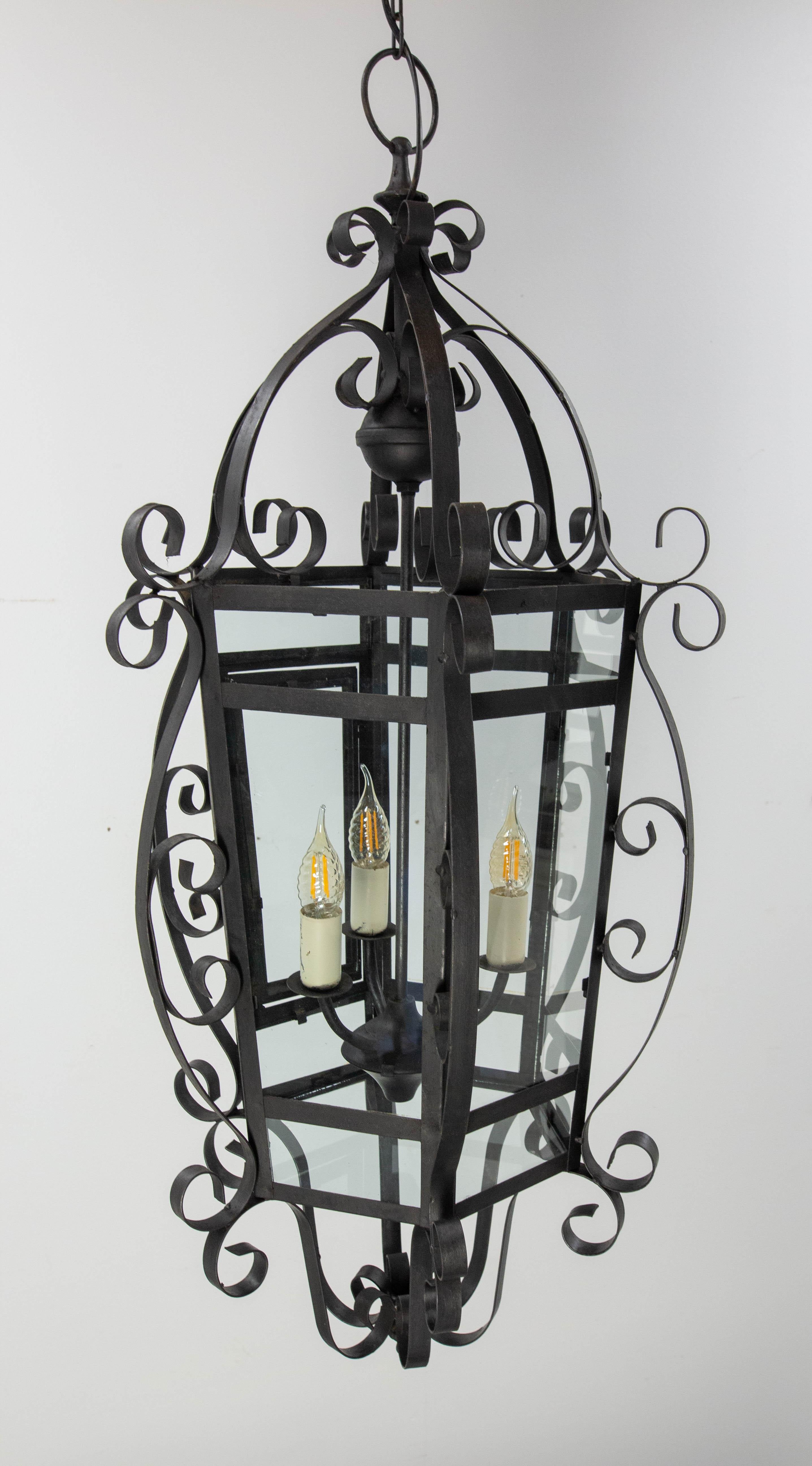French Ceiling Lamp Wrought Iron and Glass Pendant Lustre, circa 1960 In Good Condition For Sale In Labrit, Landes