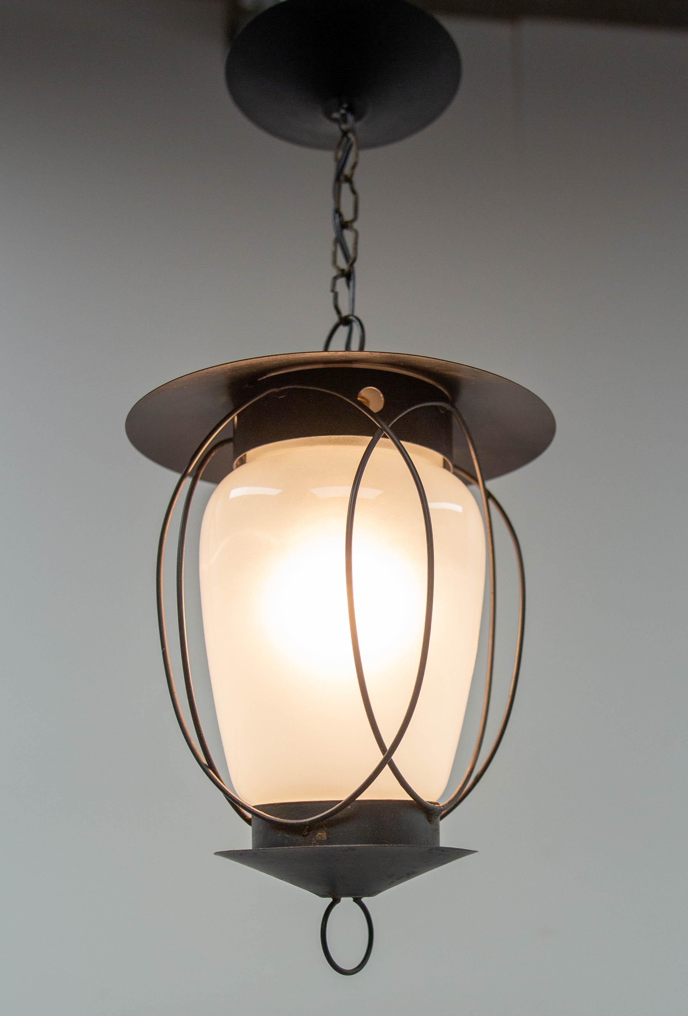 French Ceiling Lamp Wrought Iron and Glass Pendant Lustre, circa 1960 In Good Condition For Sale In Labrit, Landes
