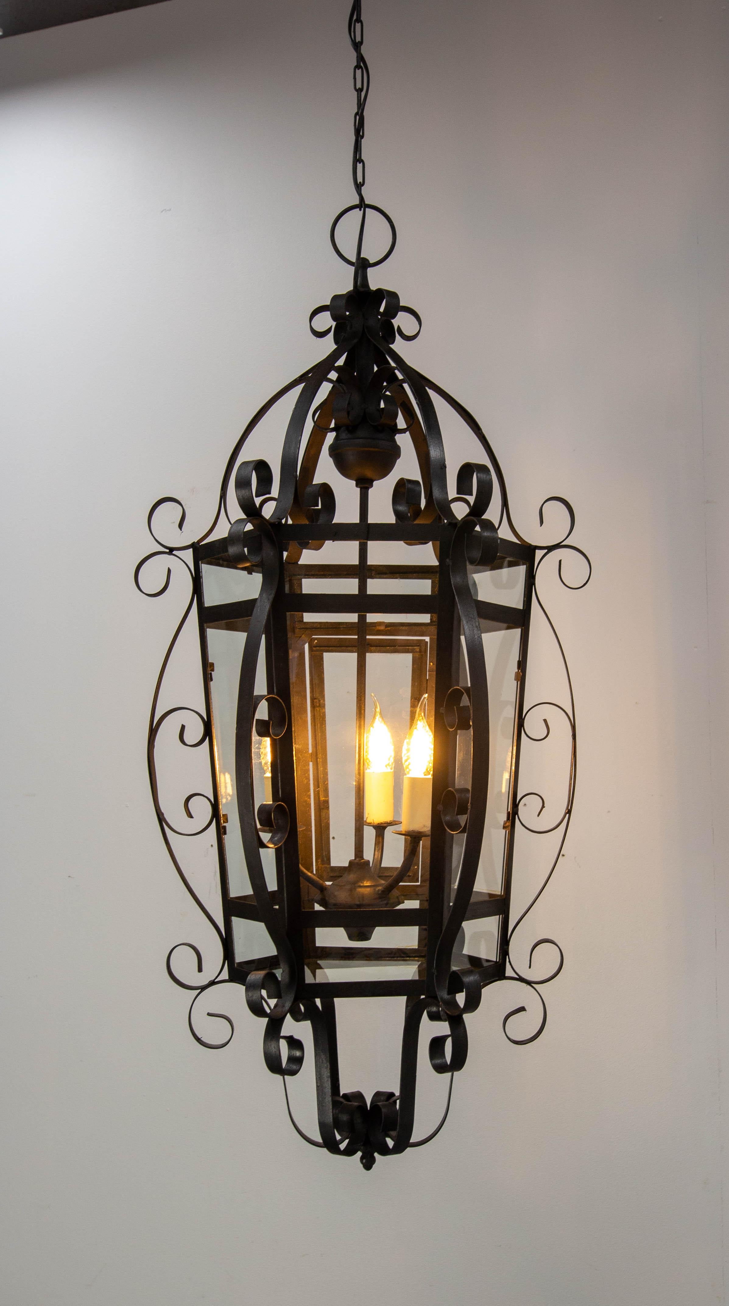 20th Century French Ceiling Lamp Wrought Iron and Glass Pendant Lustre, circa 1960 For Sale