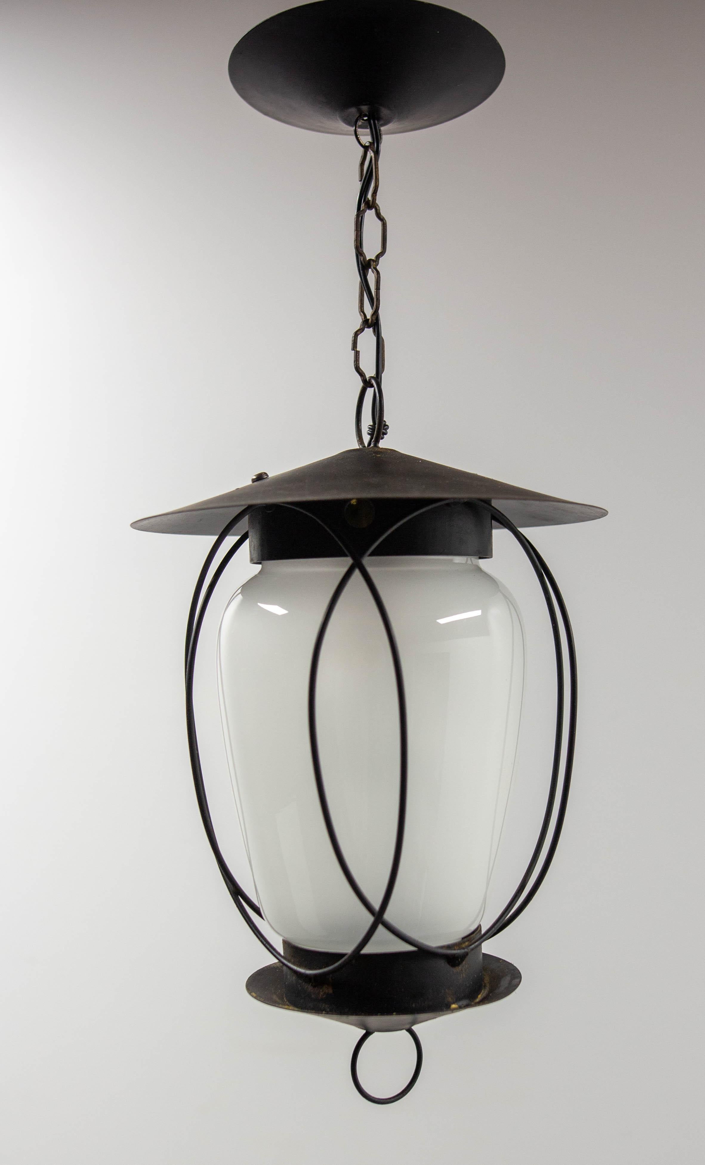 20th Century French Ceiling Lamp Wrought Iron and Glass Pendant Lustre, circa 1960 For Sale