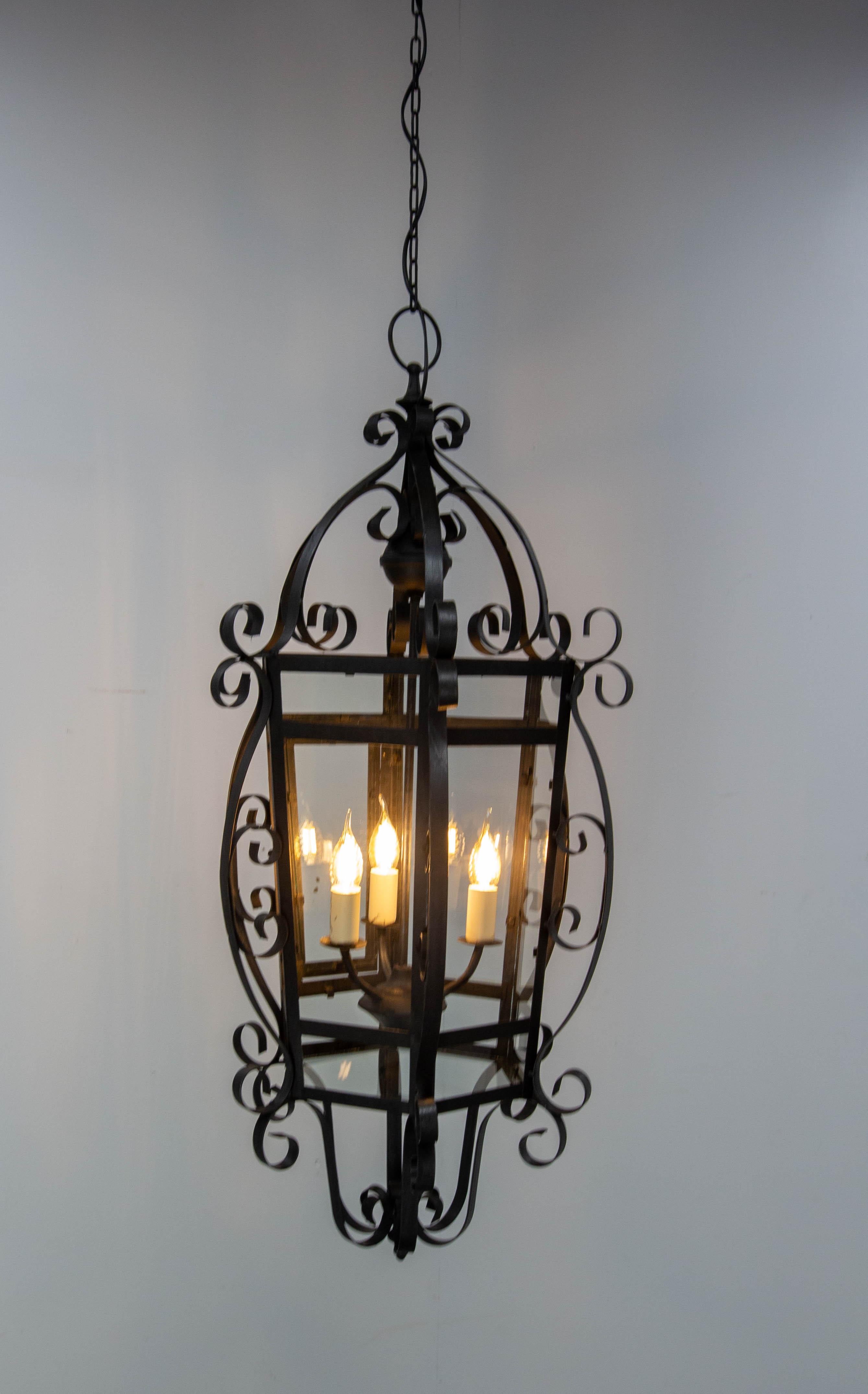 French Ceiling Lamp Wrought Iron and Glass Pendant Lustre, circa 1960 For Sale 1
