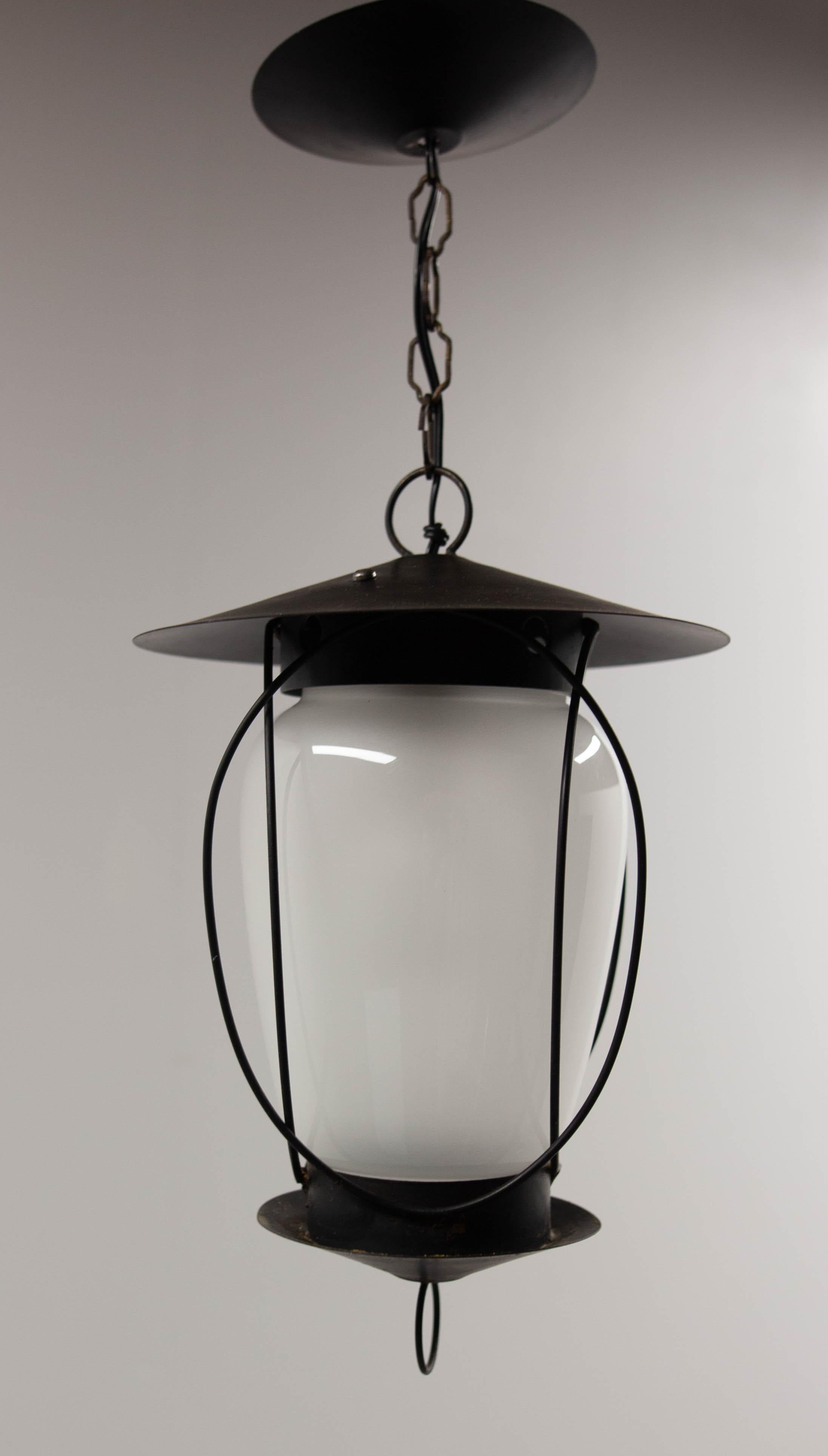 French Ceiling Lamp Wrought Iron and Glass Pendant Lustre, circa 1960 For Sale 1