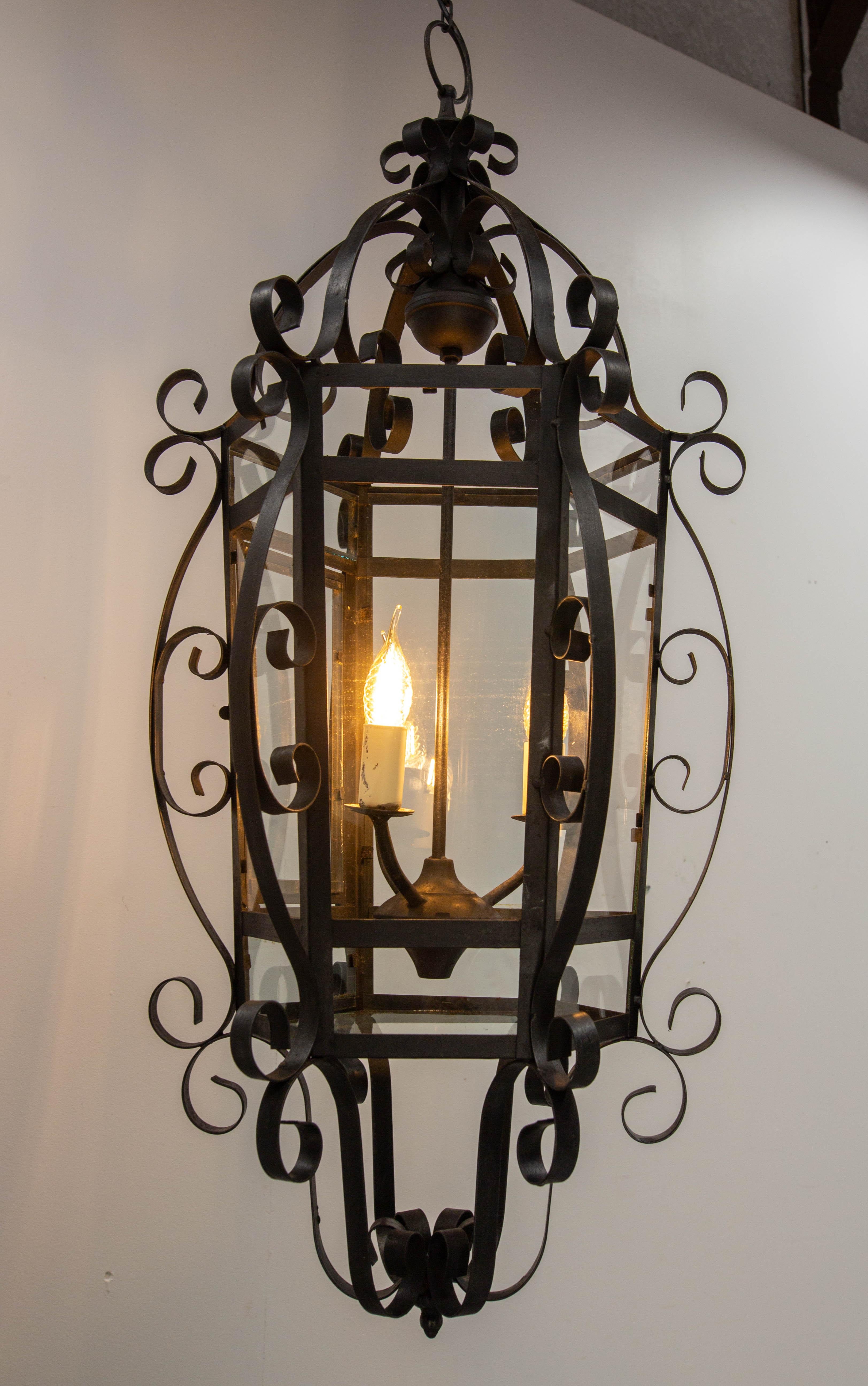French Ceiling Lamp Wrought Iron and Glass Pendant Lustre, circa 1960 For Sale 2
