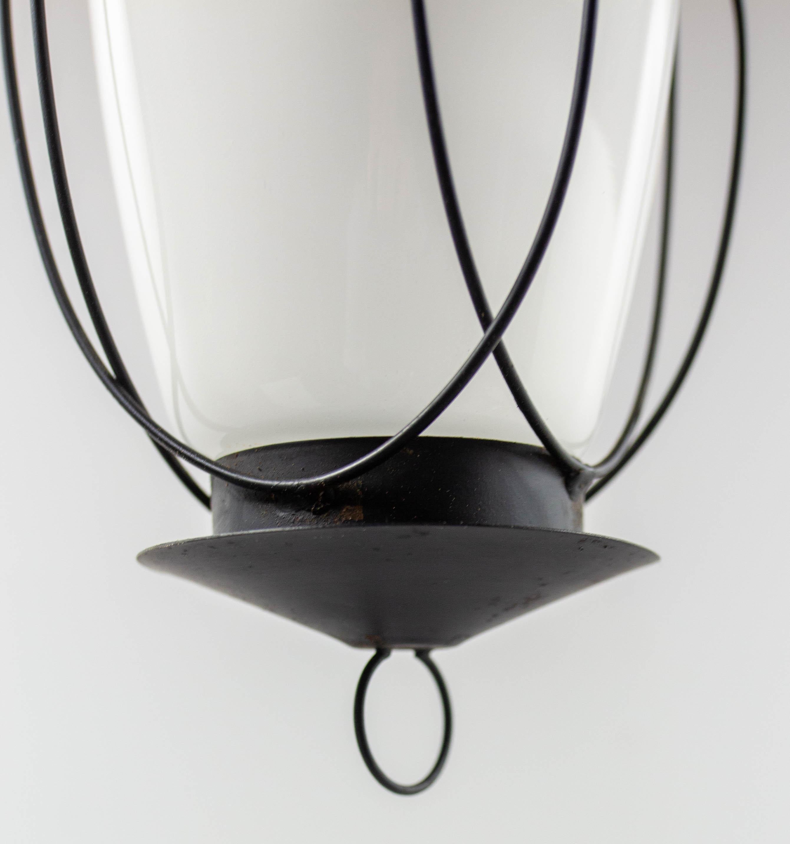 French Ceiling Lamp Wrought Iron and Glass Pendant Lustre, circa 1960 For Sale 2