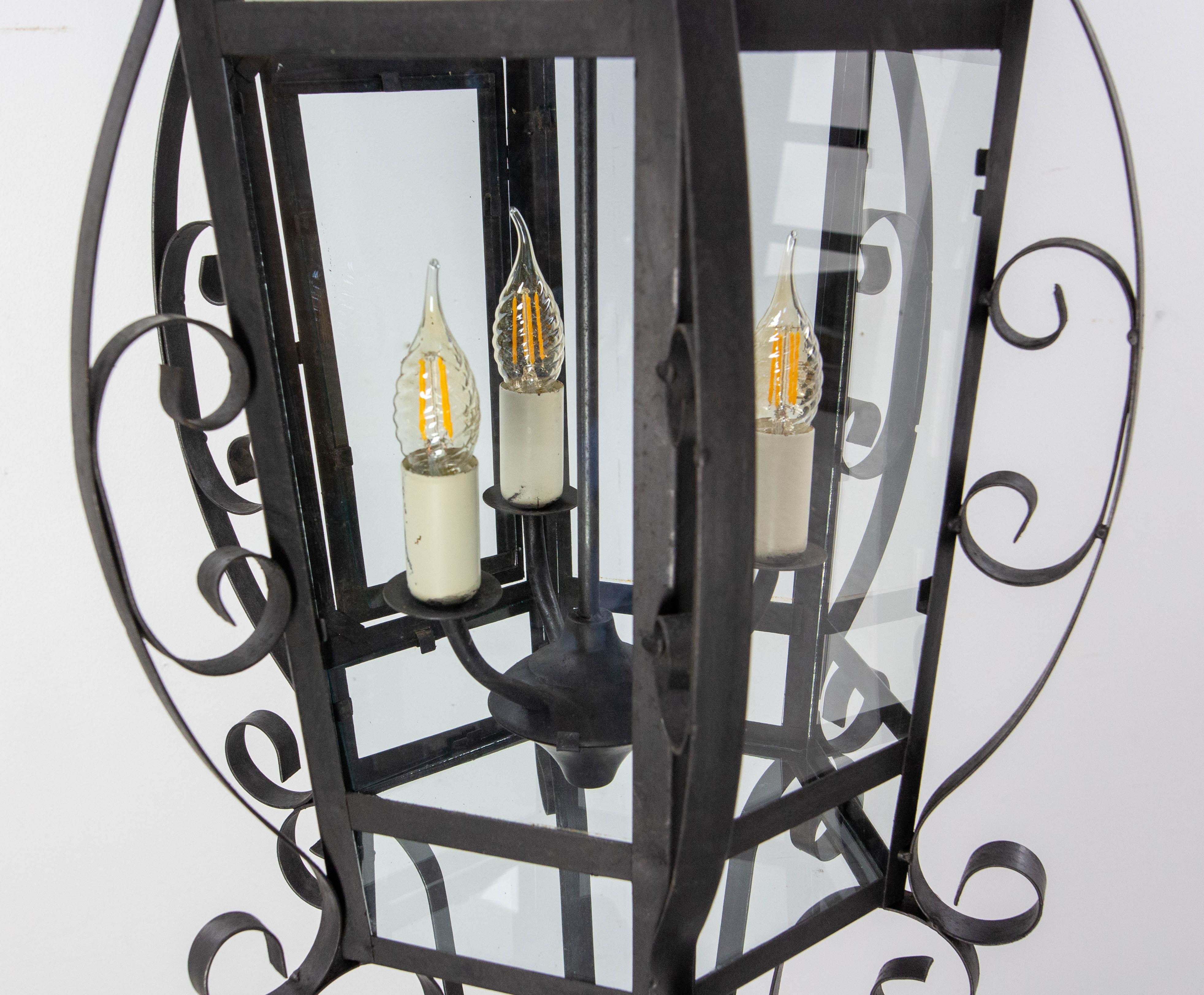 French Ceiling Lamp Wrought Iron and Glass Pendant Lustre, circa 1960 For Sale 3