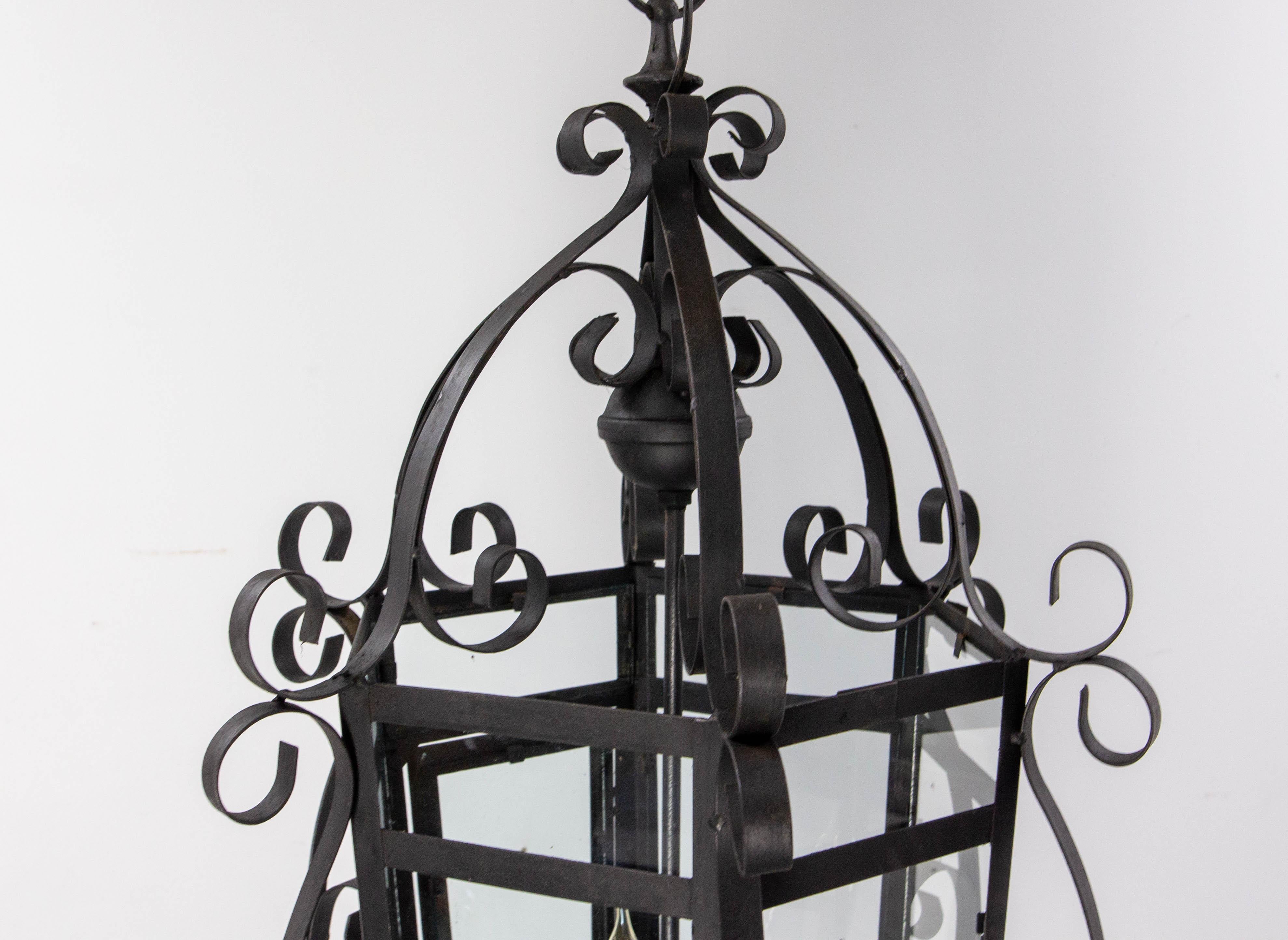 French Ceiling Lamp Wrought Iron and Glass Pendant Lustre, circa 1960 For Sale 4