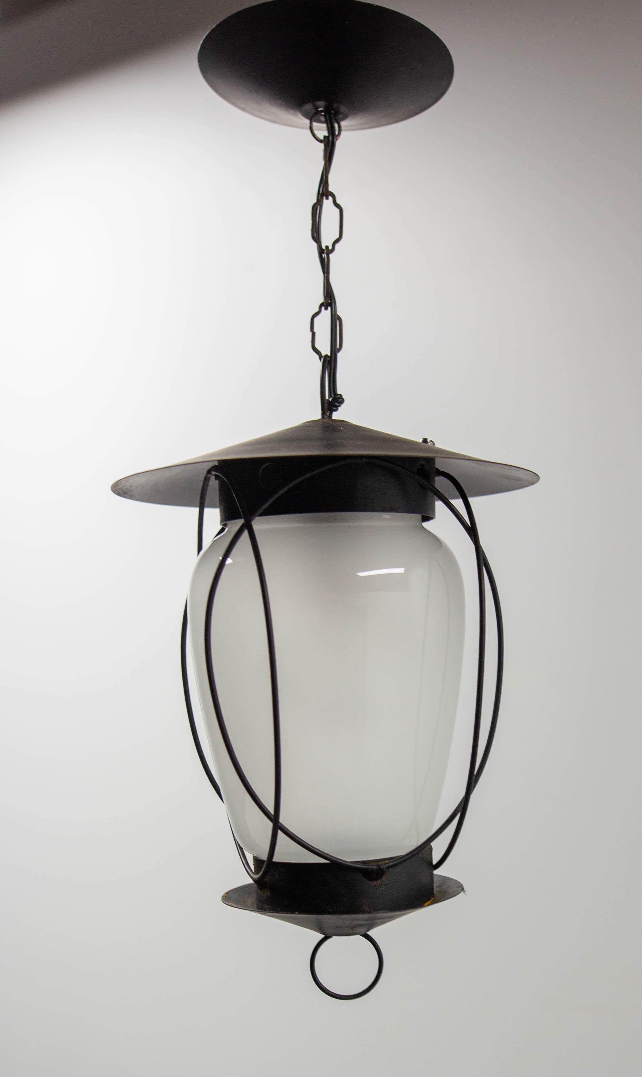 French Ceiling Lamp Wrought Iron and Glass Pendant Lustre, circa 1960 For Sale 4