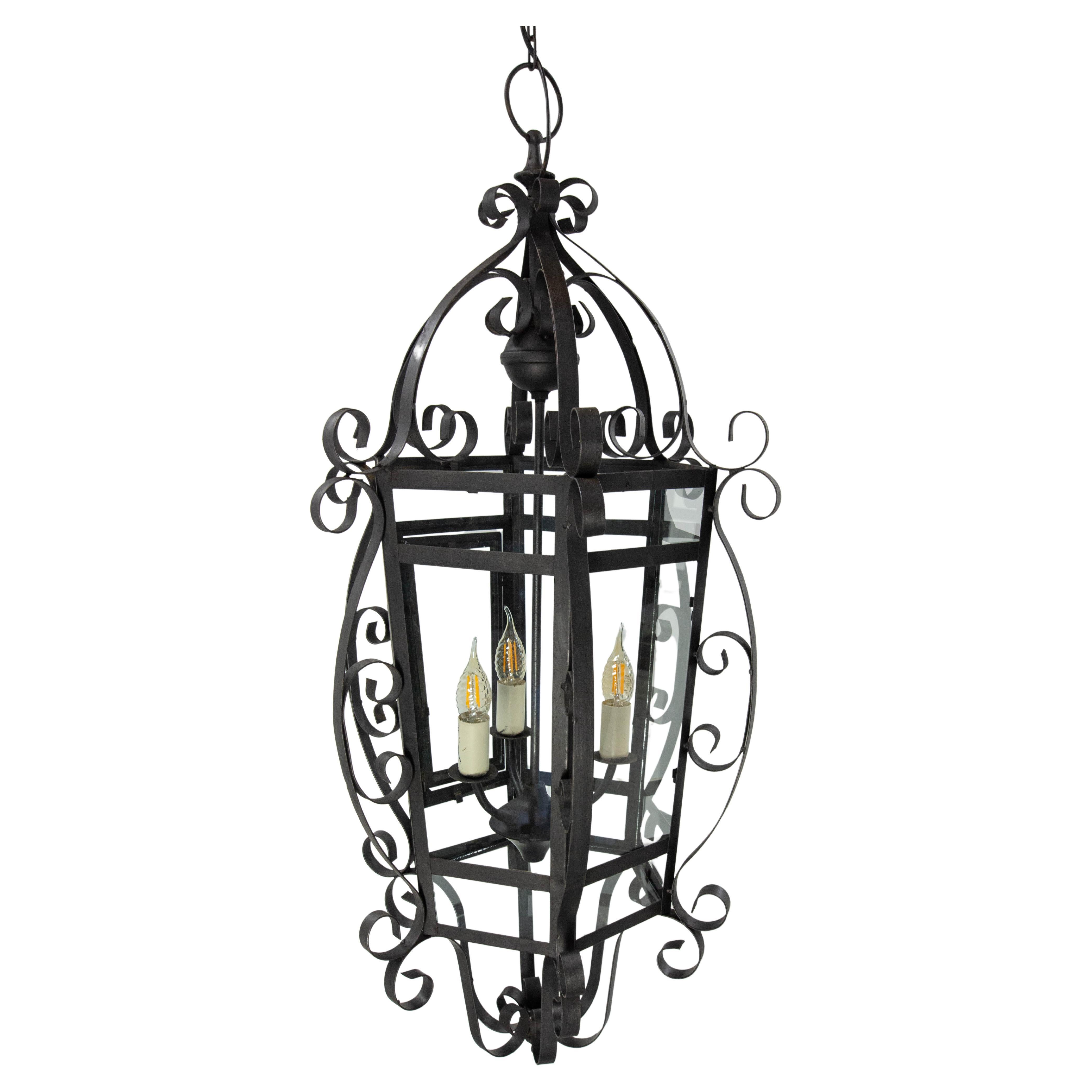 French Ceiling Lamp Wrought Iron and Glass Pendant Lustre, circa 1960 For Sale