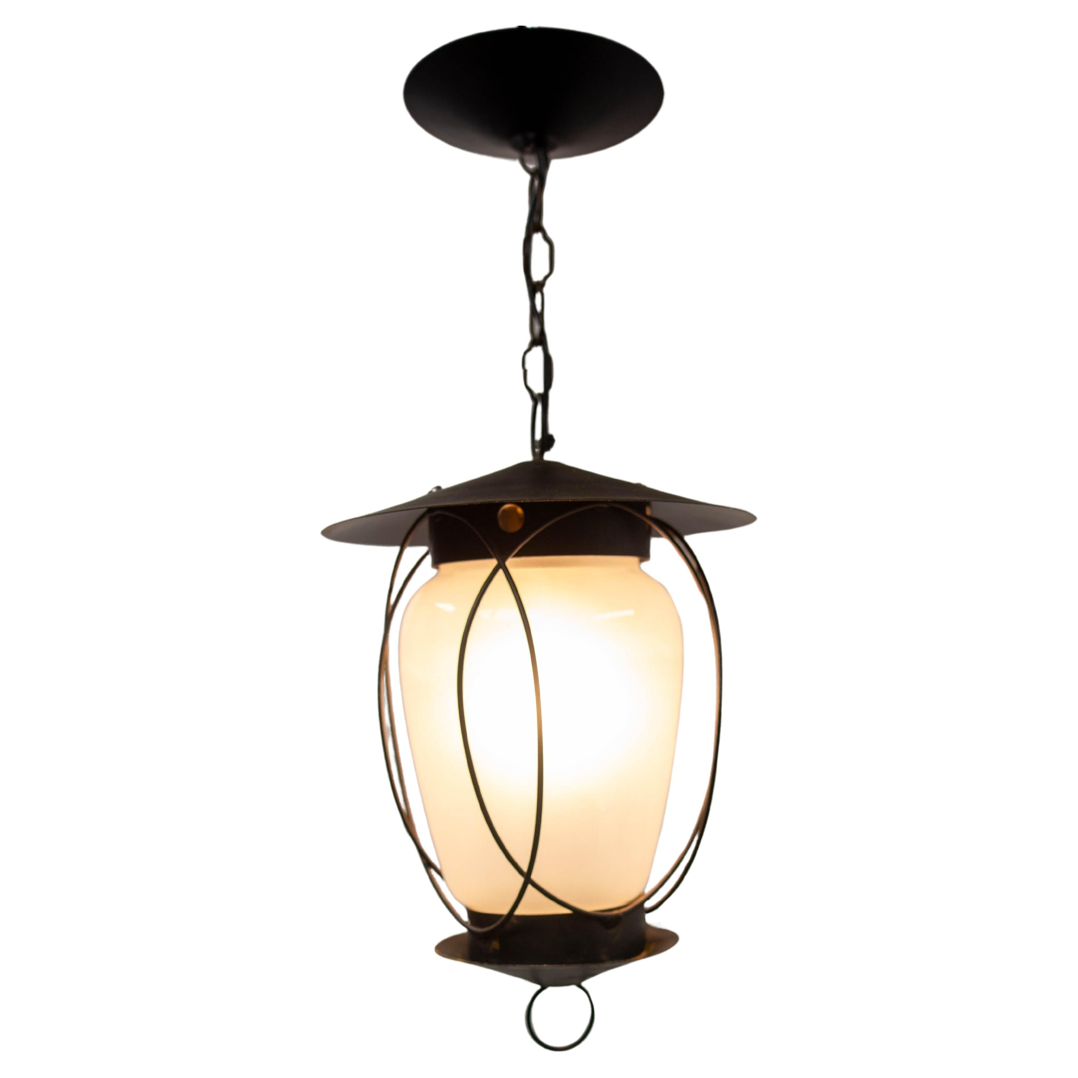 French Ceiling Lamp Wrought Iron and Glass Pendant Lustre, circa 1960 For Sale
