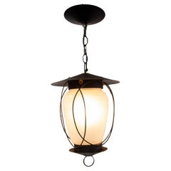 French Ceiling Lamp Wrought Iron and Glass Pendant Lustre, circa 1960