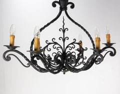 French Ceiling Lamp Wrought Iron Chandelier Pendant Lustre, circa 1960