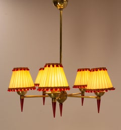 French Ceiling Pendant Five Brass and Red Resin Lamps Chandelier, circa 1960