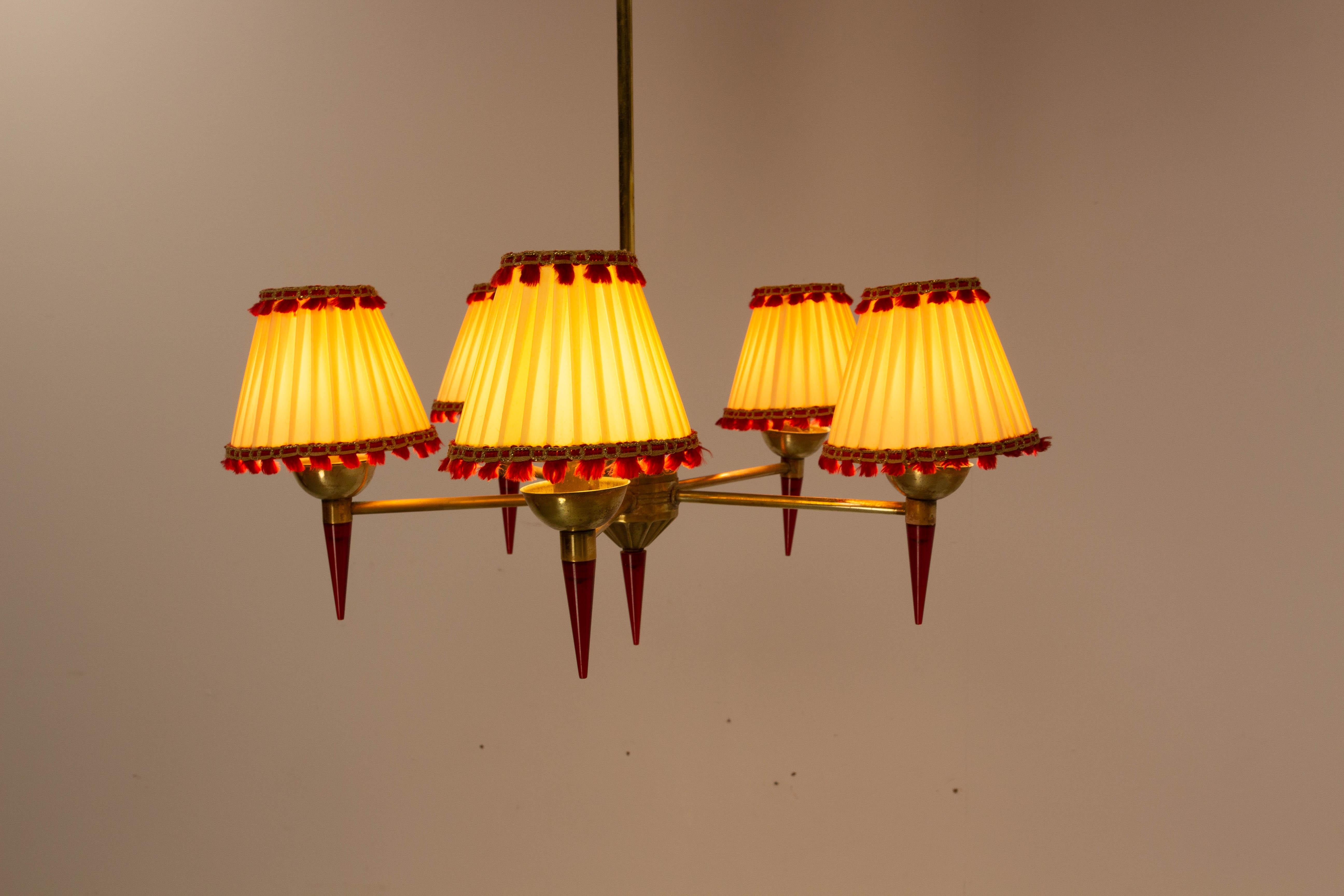 Mid-Century Modern French Ceiling Pendant Five Brass and Red Resin Lamps Chandelier, circa 1960 For Sale