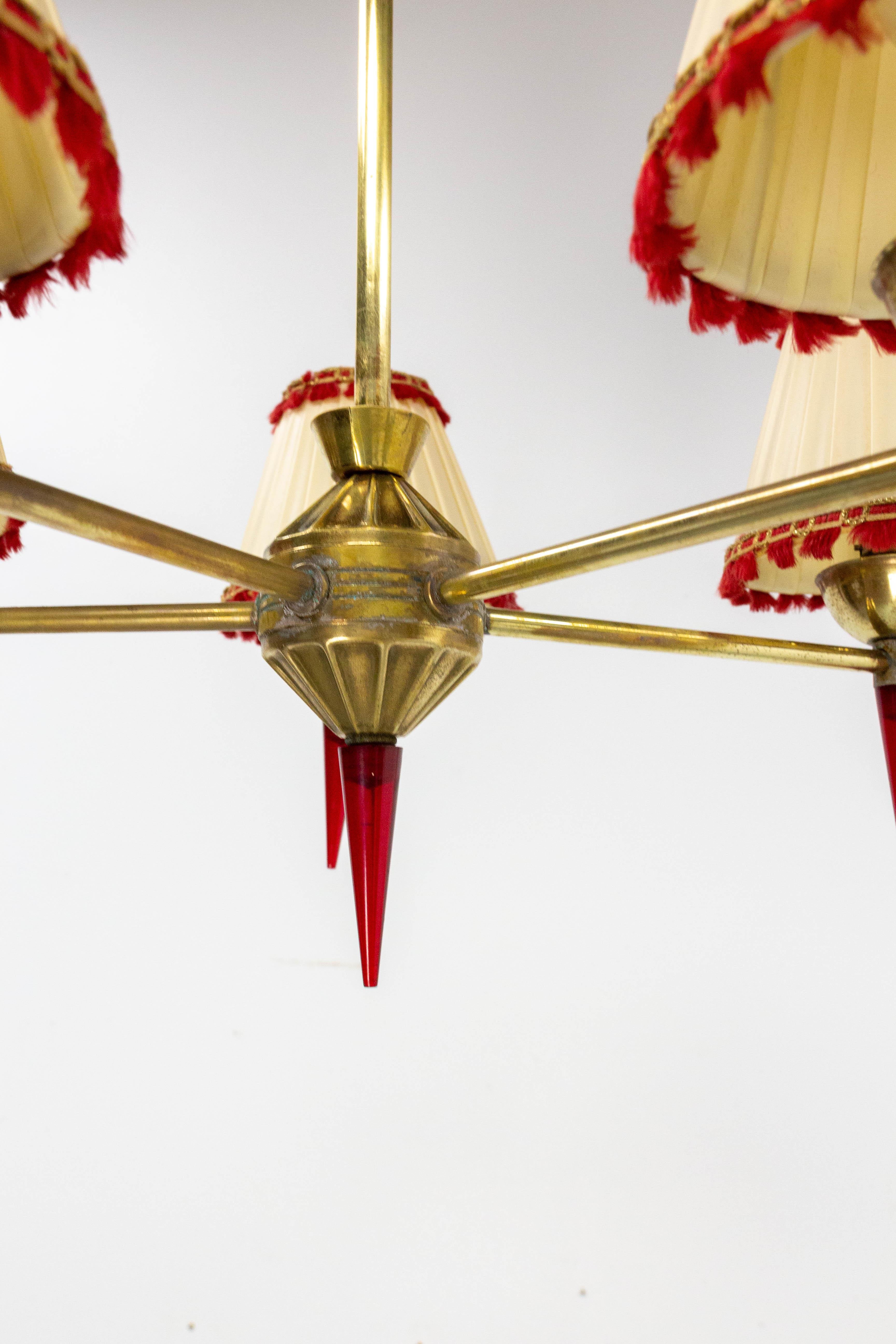 Mid-20th Century French Ceiling Pendant Five Brass and Red Resin Lamps Chandelier, circa 1960 For Sale