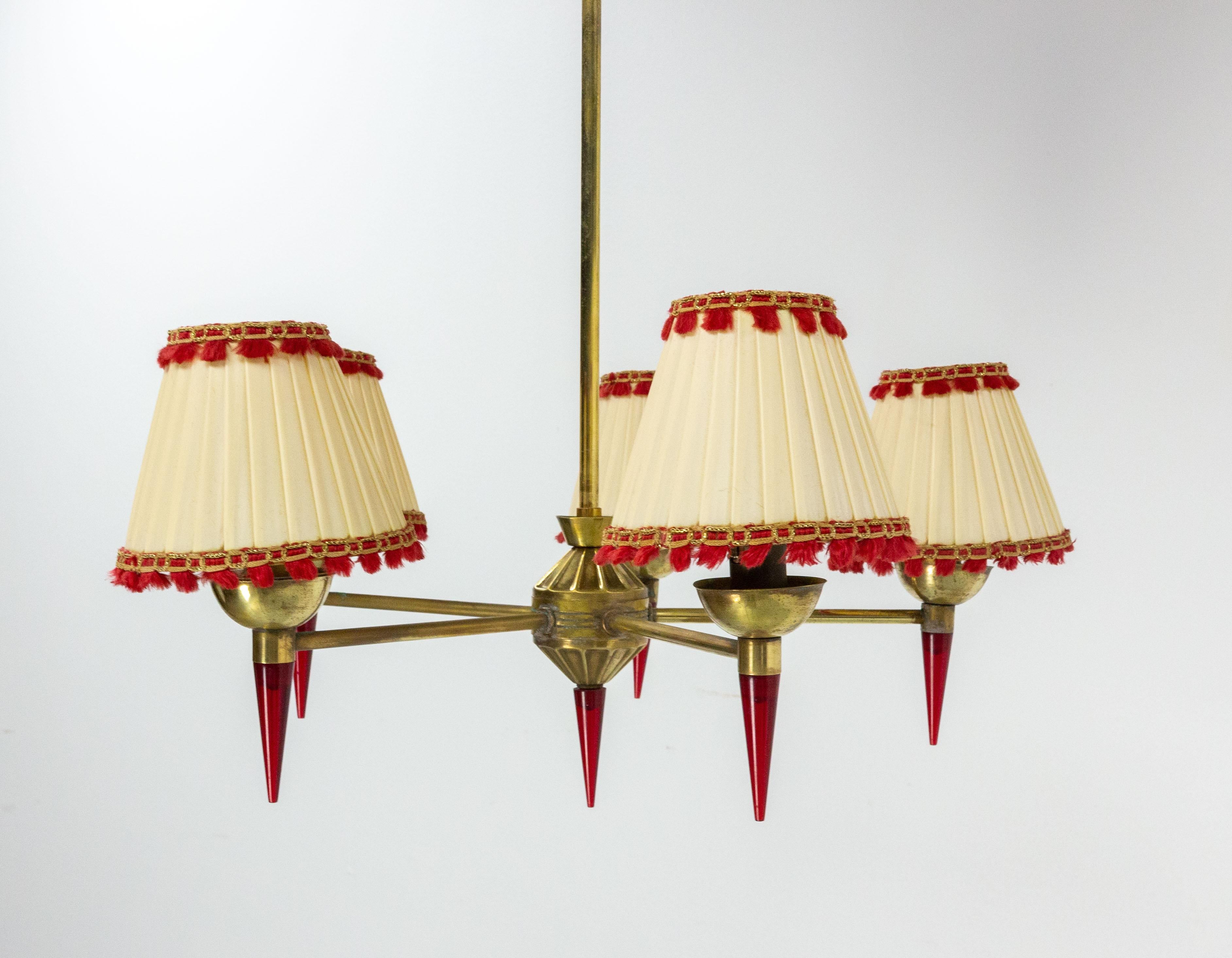 French Ceiling Pendant Five Brass and Red Resin Lamps Chandelier, circa 1960 For Sale 1