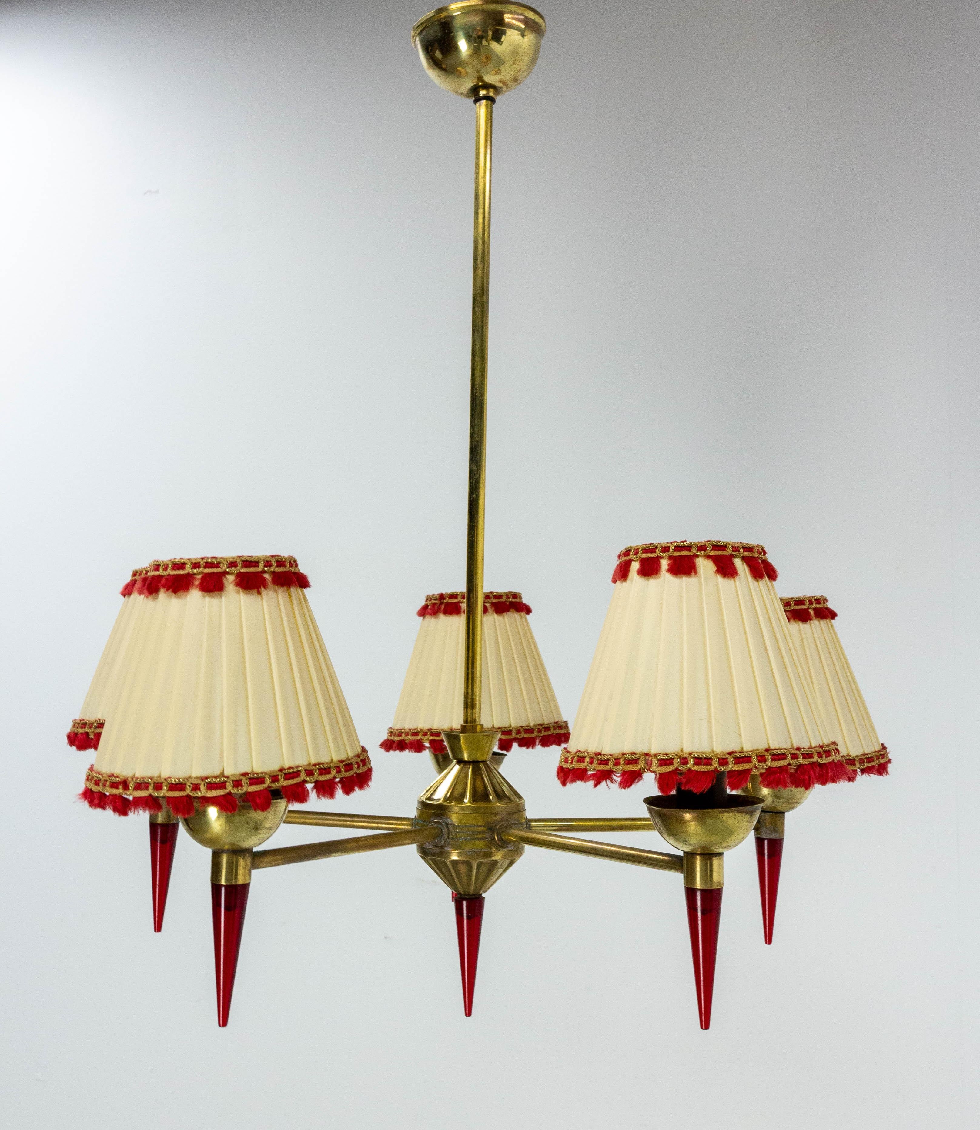 French Ceiling Pendant Five Brass and Red Resin Lamps Chandelier, circa 1960 For Sale 2