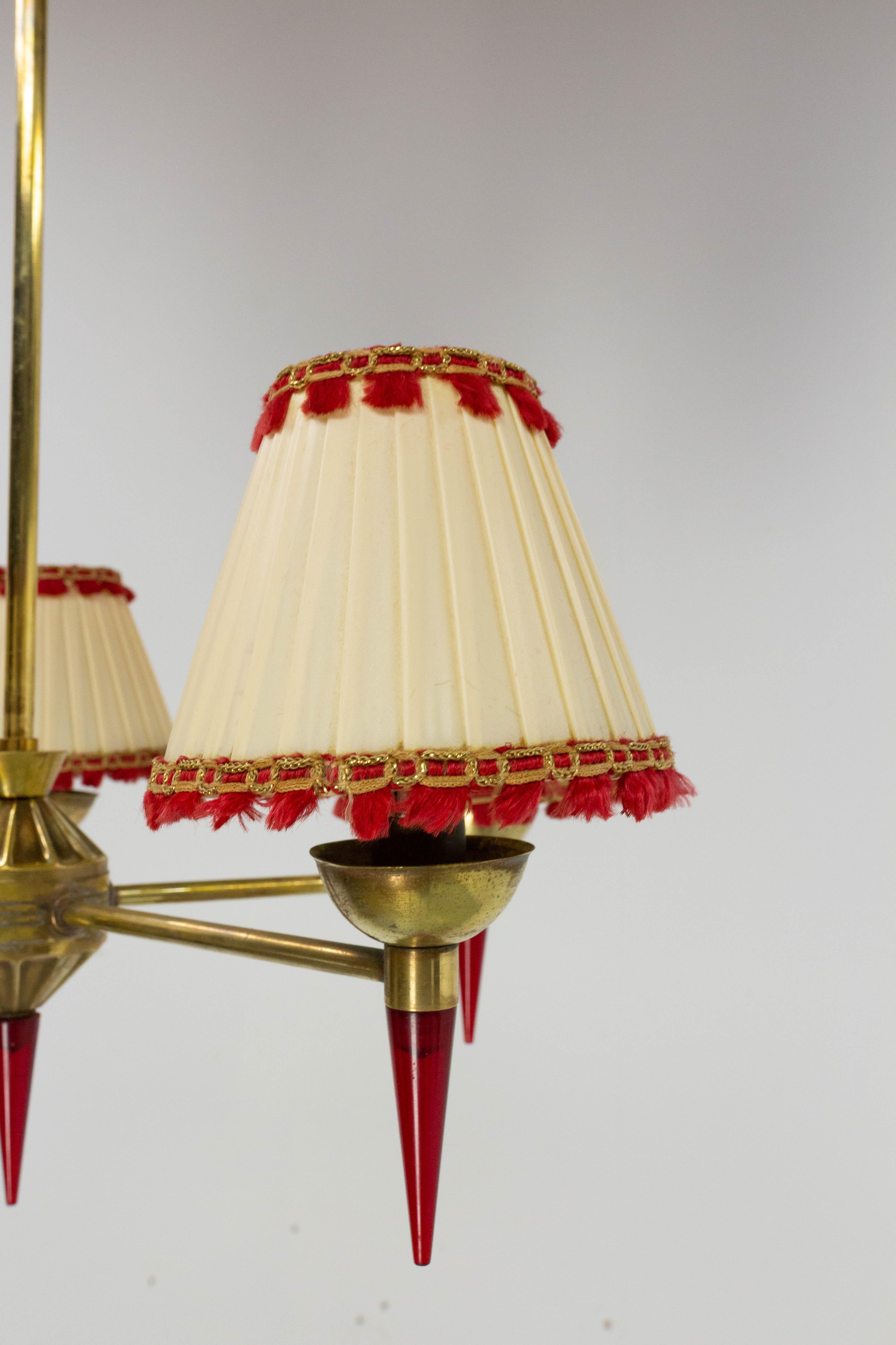 French Ceiling Pendant Five Brass and Red Resin Lamps Chandelier, circa 1960 For Sale 3