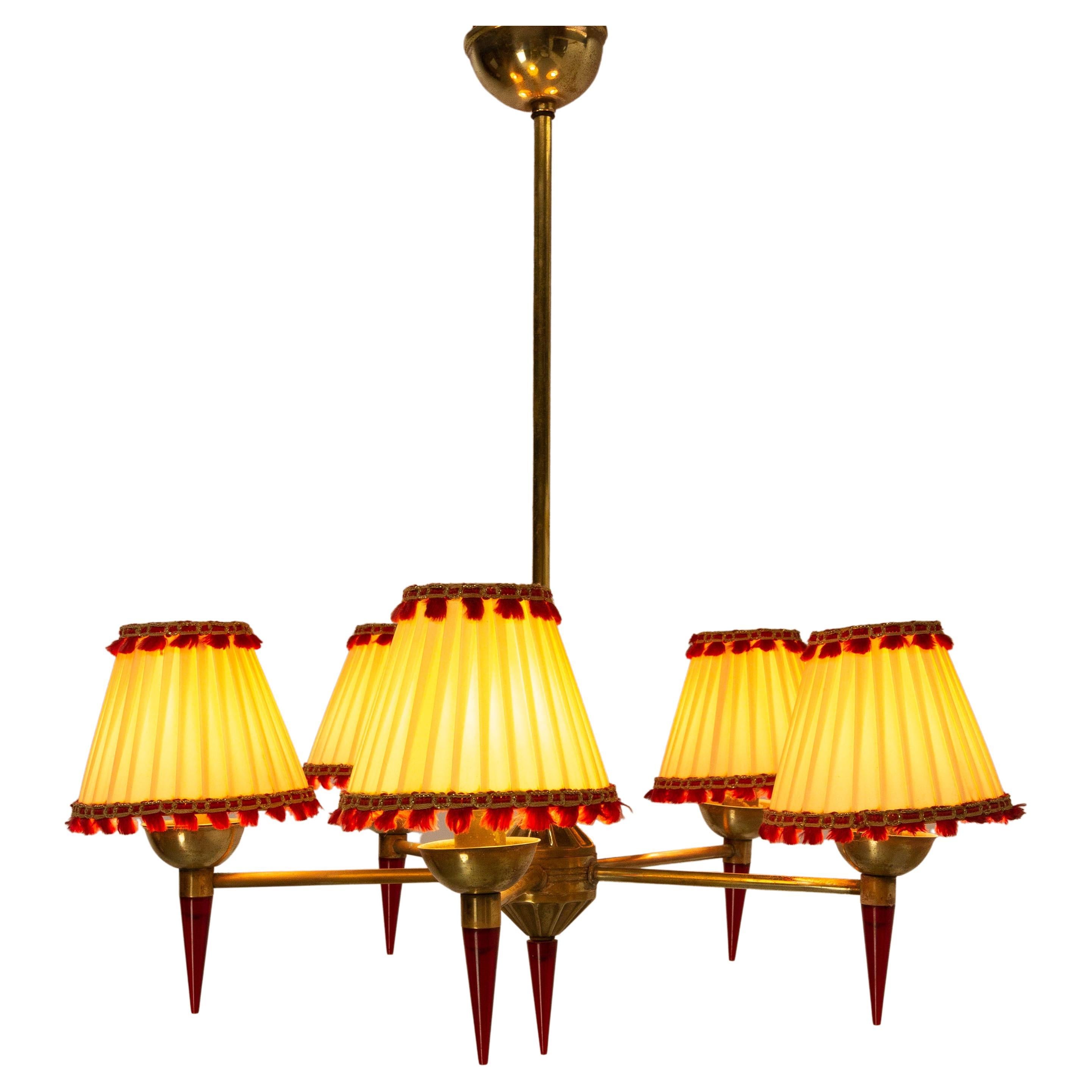 French Ceiling Pendant Five Brass and Red Resin Lamps Chandelier, circa 1960