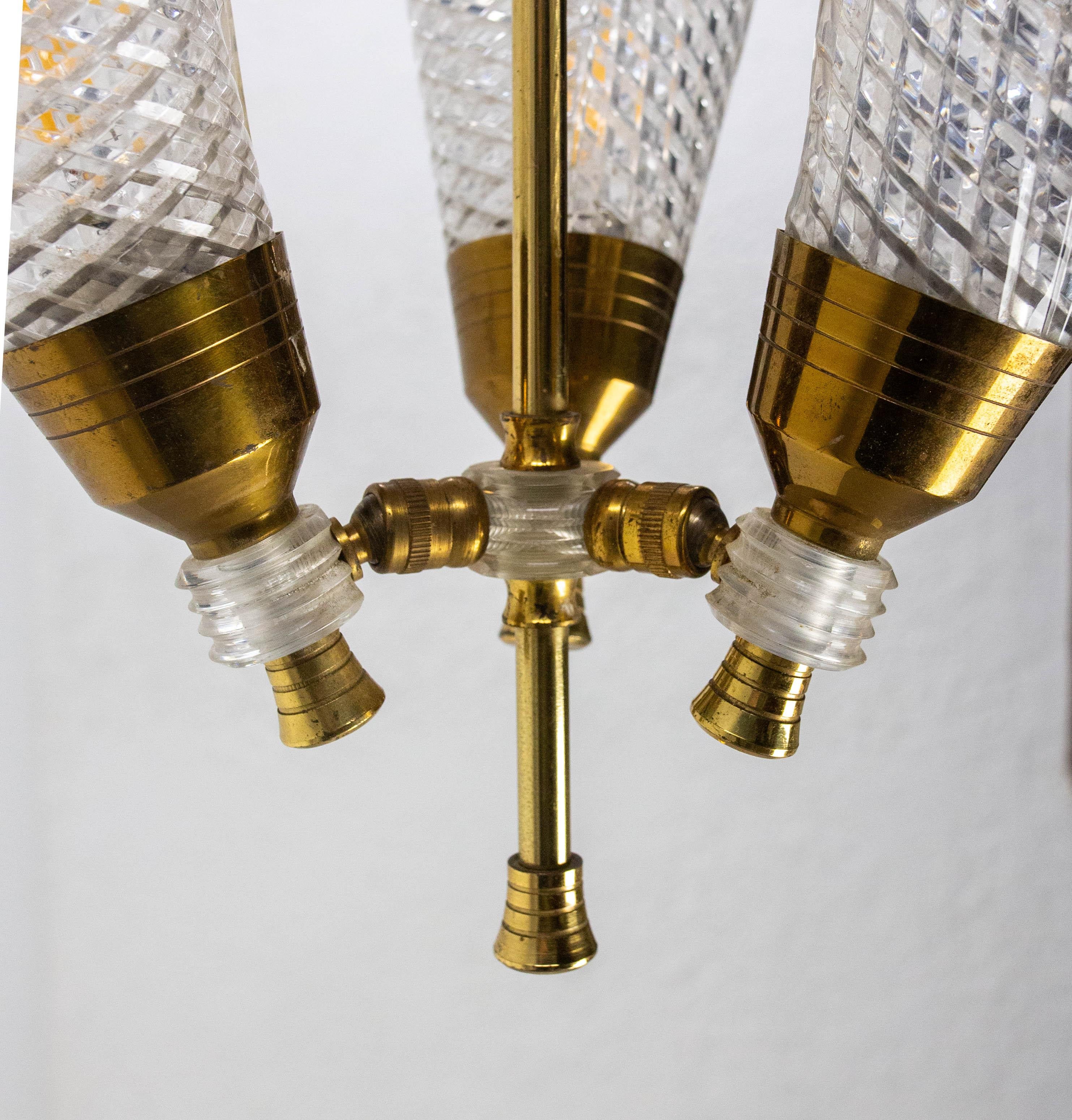French Ceiling Pendant Glass & Brass Chandelier Lustre Guariche style circa 1960 For Sale 5