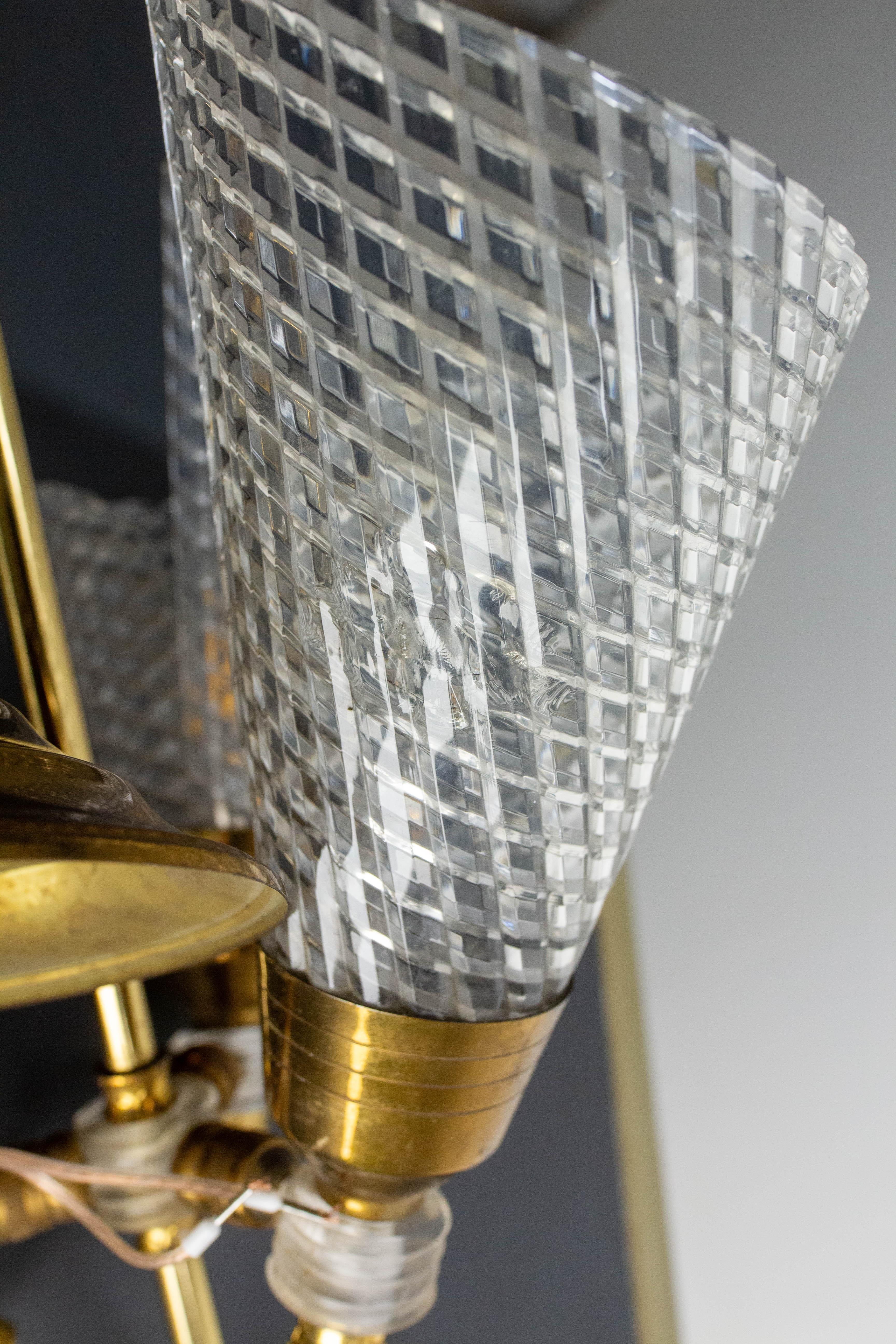 French Ceiling Pendant Glass & Brass Chandelier Lustre Guariche style circa 1960 For Sale 9