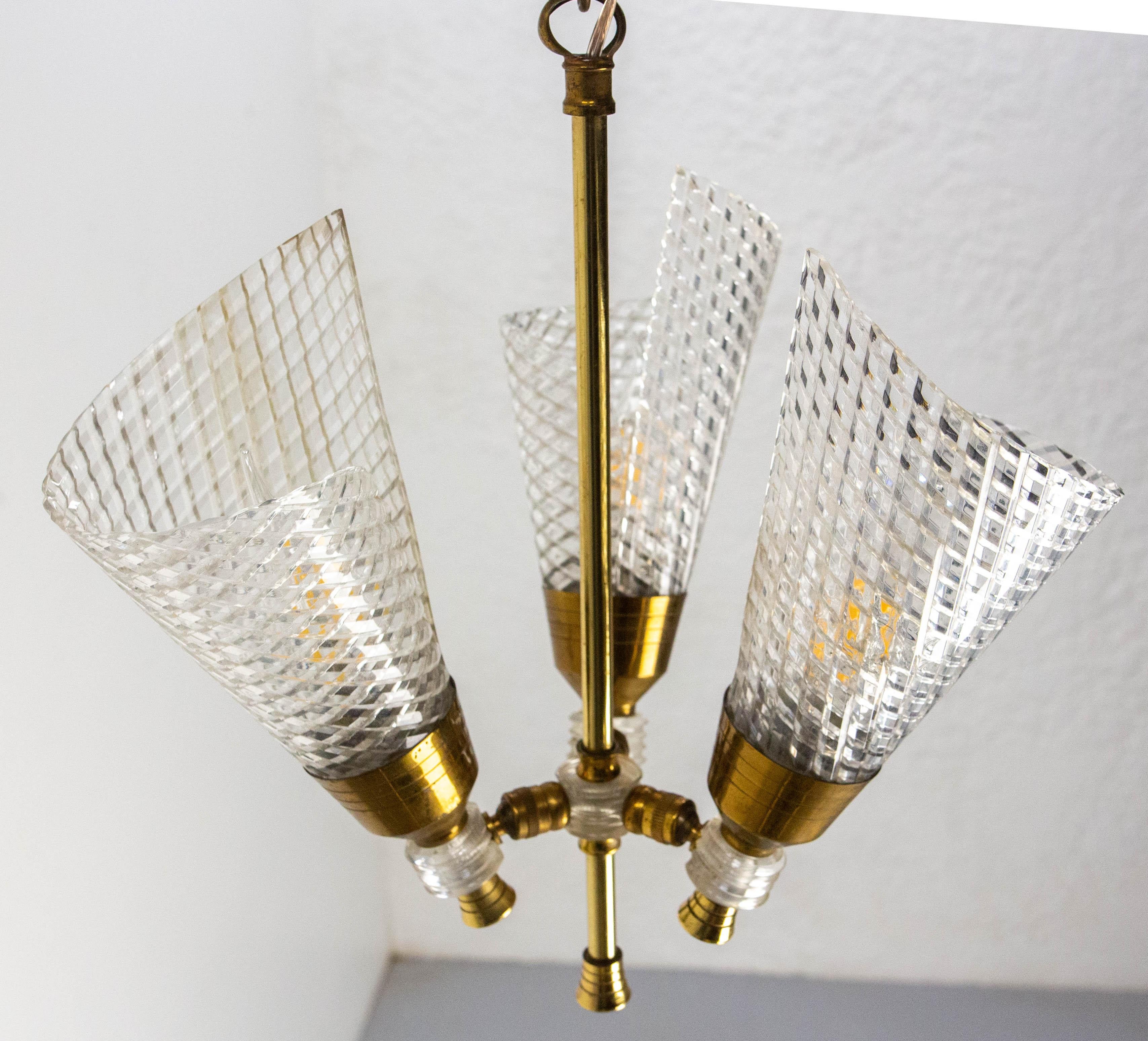 Mid-Century Modern French Ceiling Pendant Glass & Brass Chandelier Lustre Guariche style circa 1960 For Sale