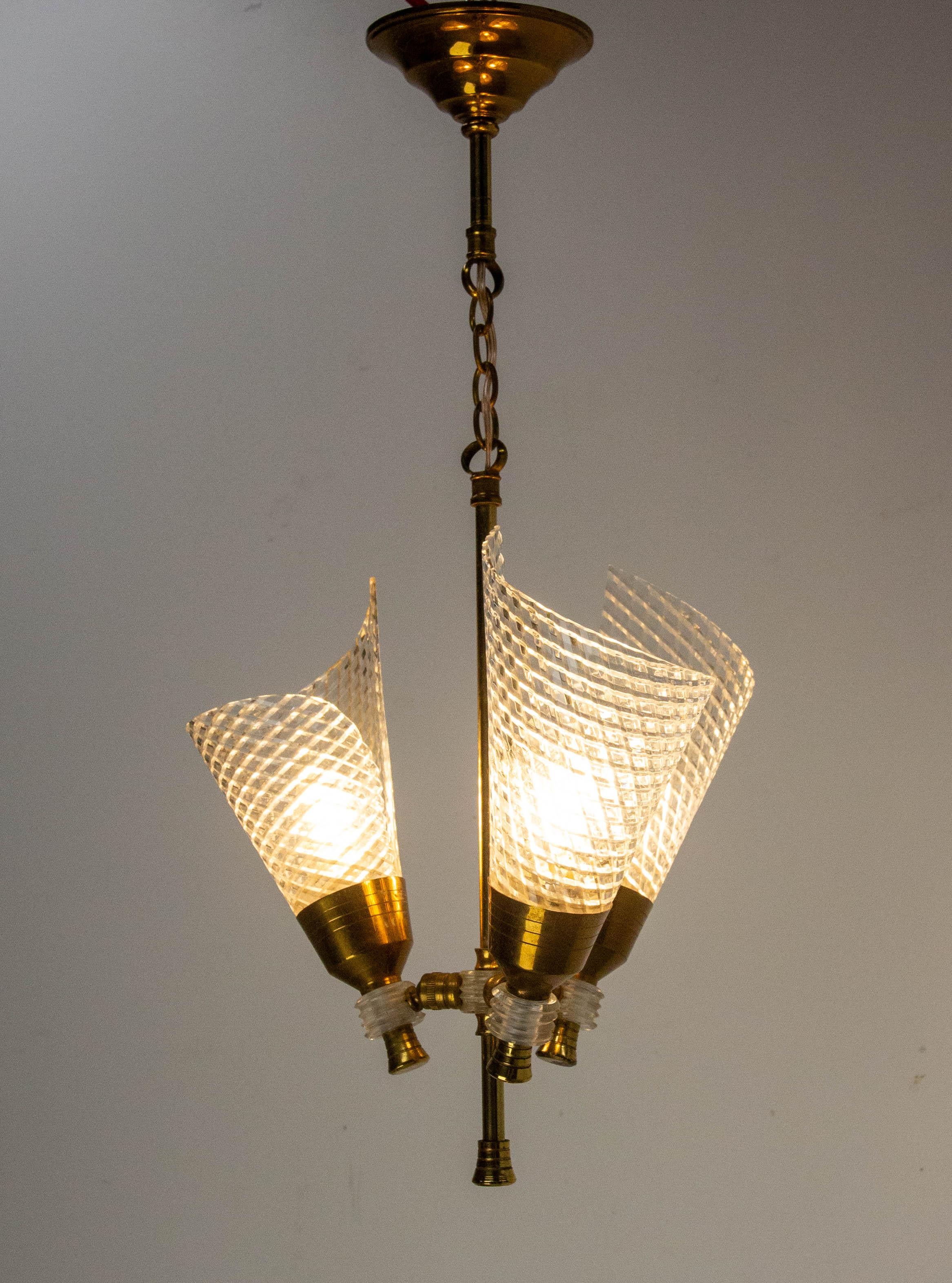 20th Century French Ceiling Pendant Glass & Brass Chandelier Lustre Guariche style circa 1960 For Sale