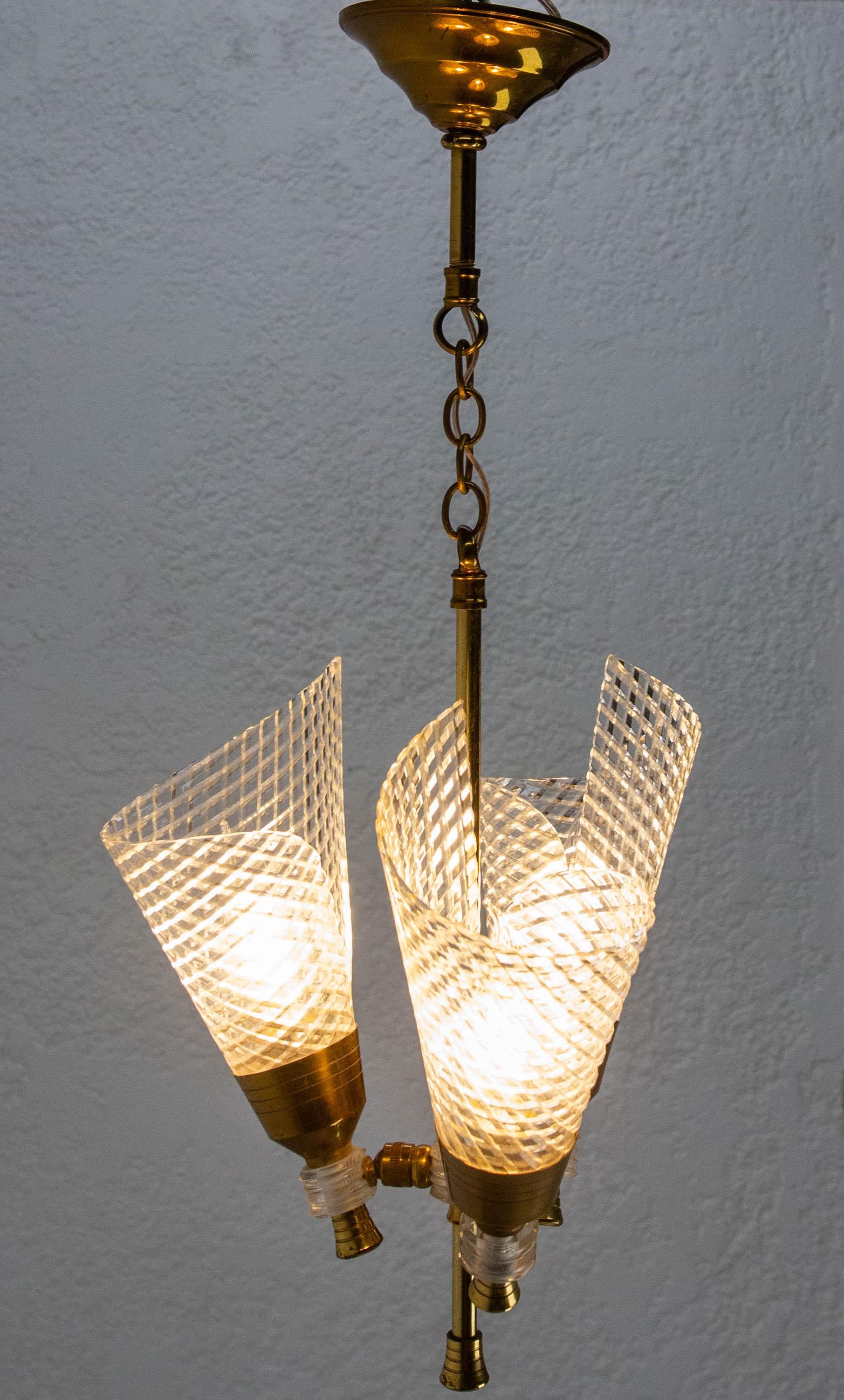 French Ceiling Pendant Glass & Brass Chandelier Lustre Guariche style circa 1960 For Sale 1
