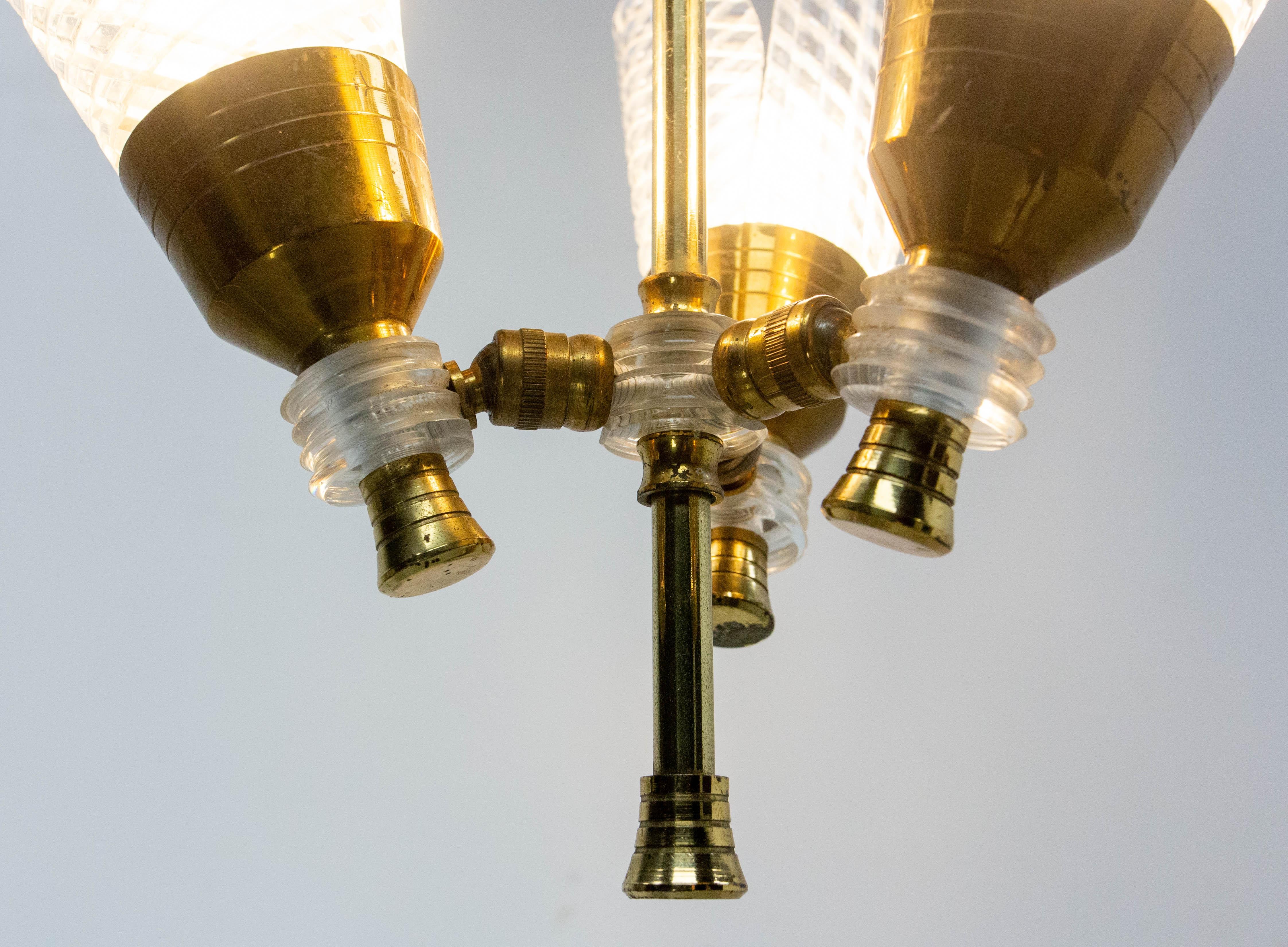 French Ceiling Pendant Glass & Brass Chandelier Lustre Guariche style circa 1960 For Sale 2