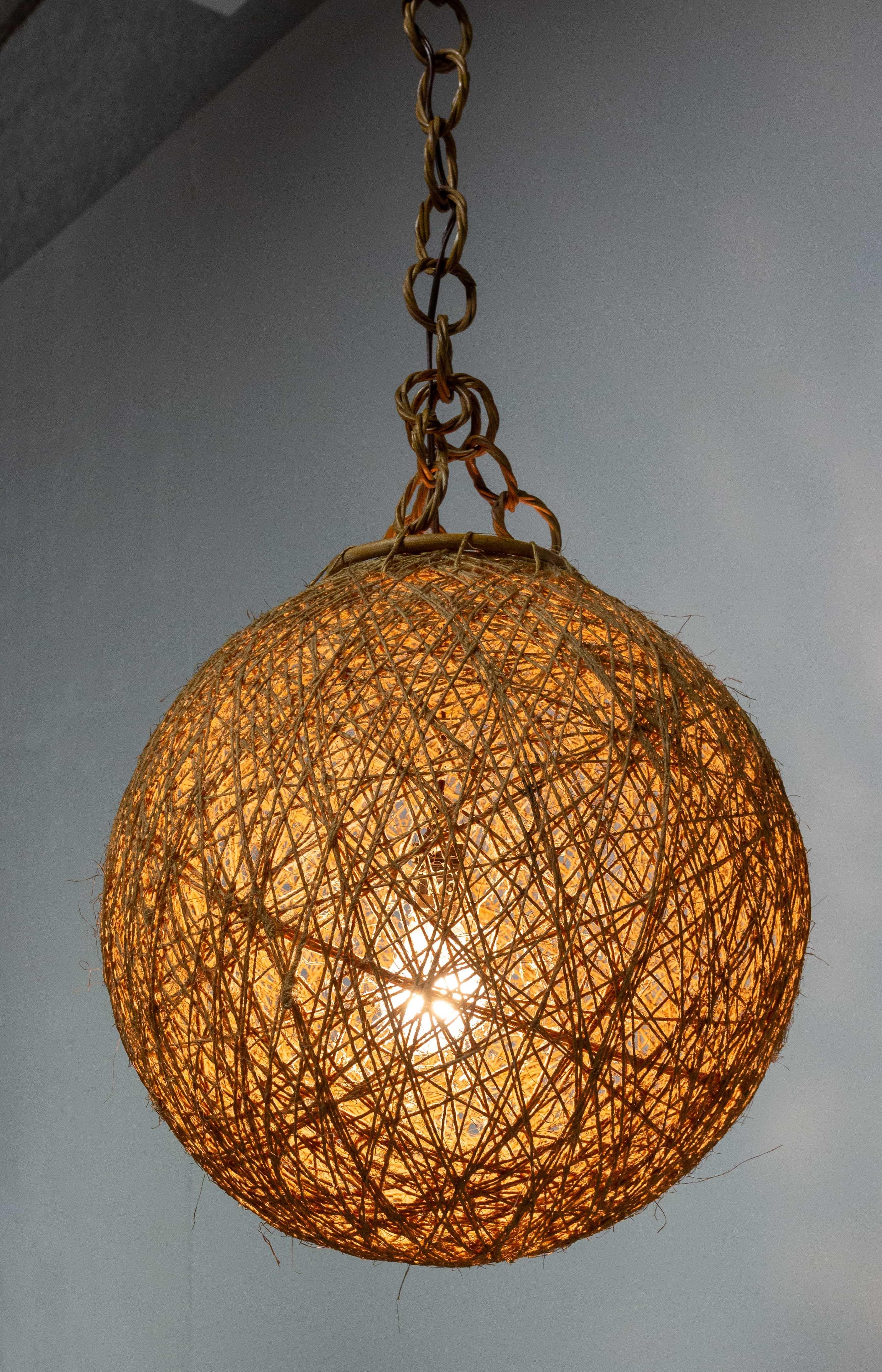 Mid-Century Modern French Ceiling Pendant String and Wicker Chandelier, Lustre, circa 1970 For Sale