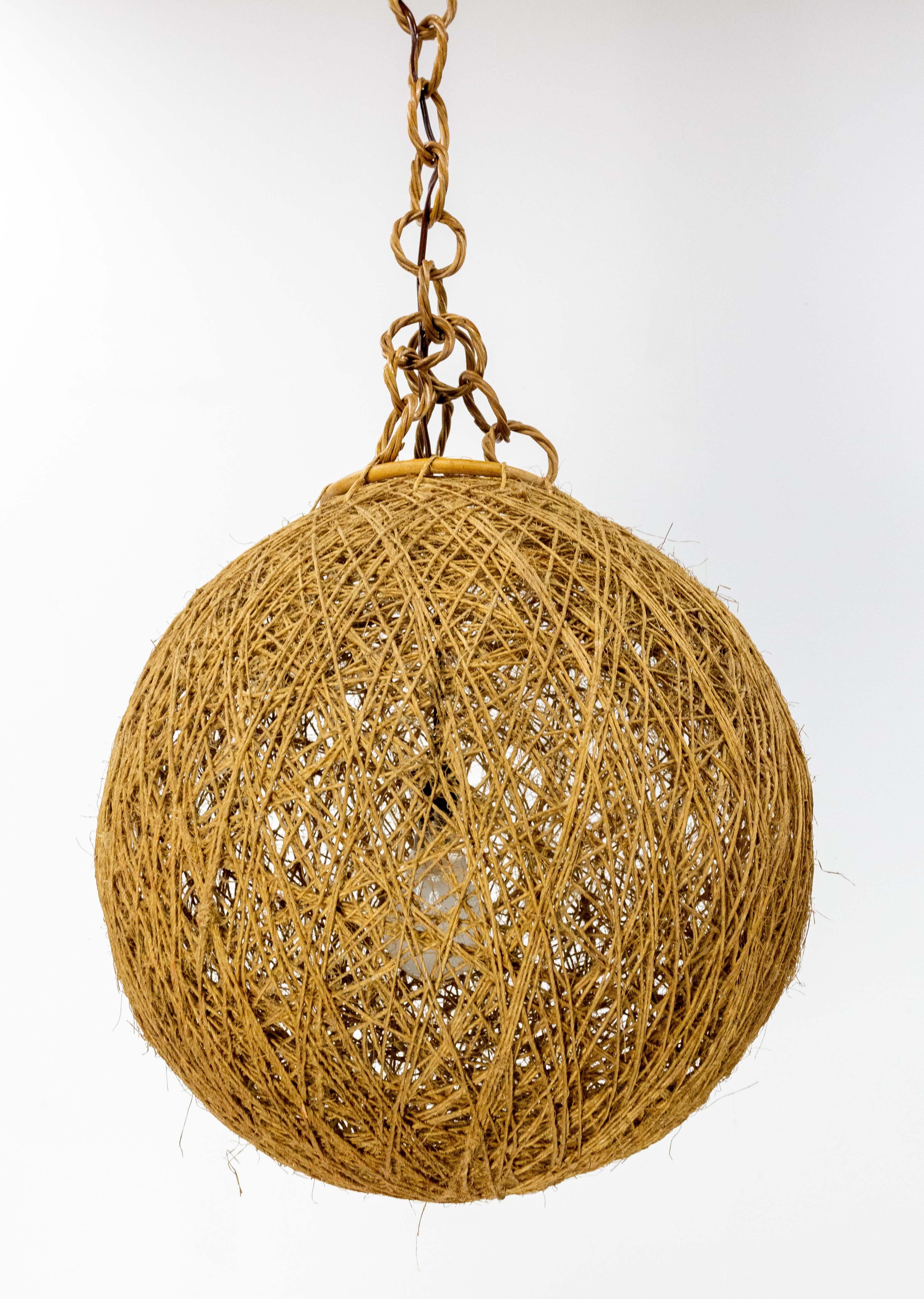 Late 20th Century French Ceiling Pendant String and Wicker Chandelier, Lustre, circa 1970 For Sale