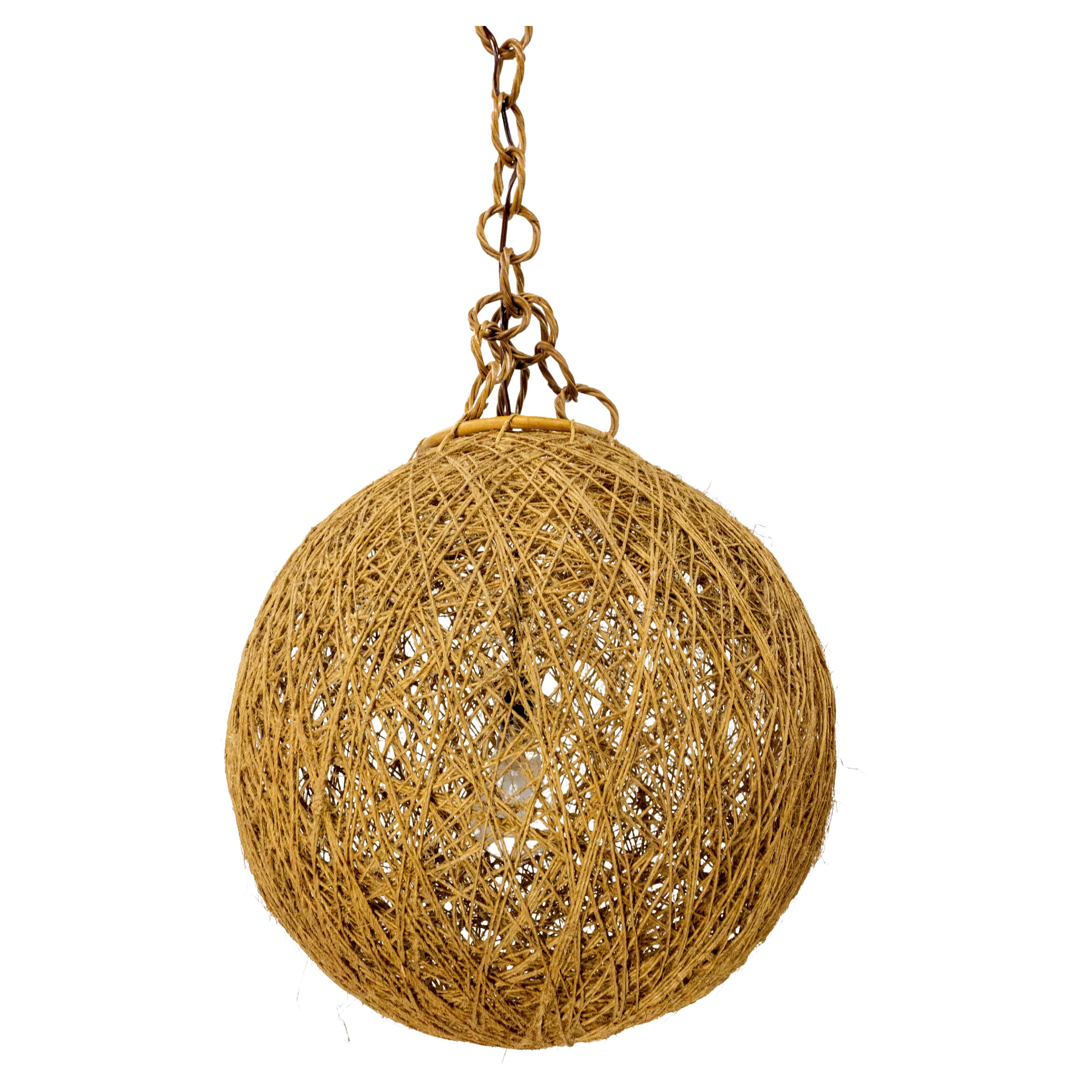 French Ceiling Pendant String and Wicker Chandelier, Lustre, circa 1970