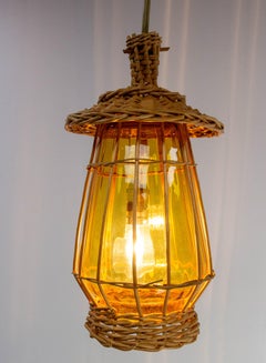 French Ceiling Pendant Yellow Glass & Wicker Chandelier, Lanterne Style, c 1970